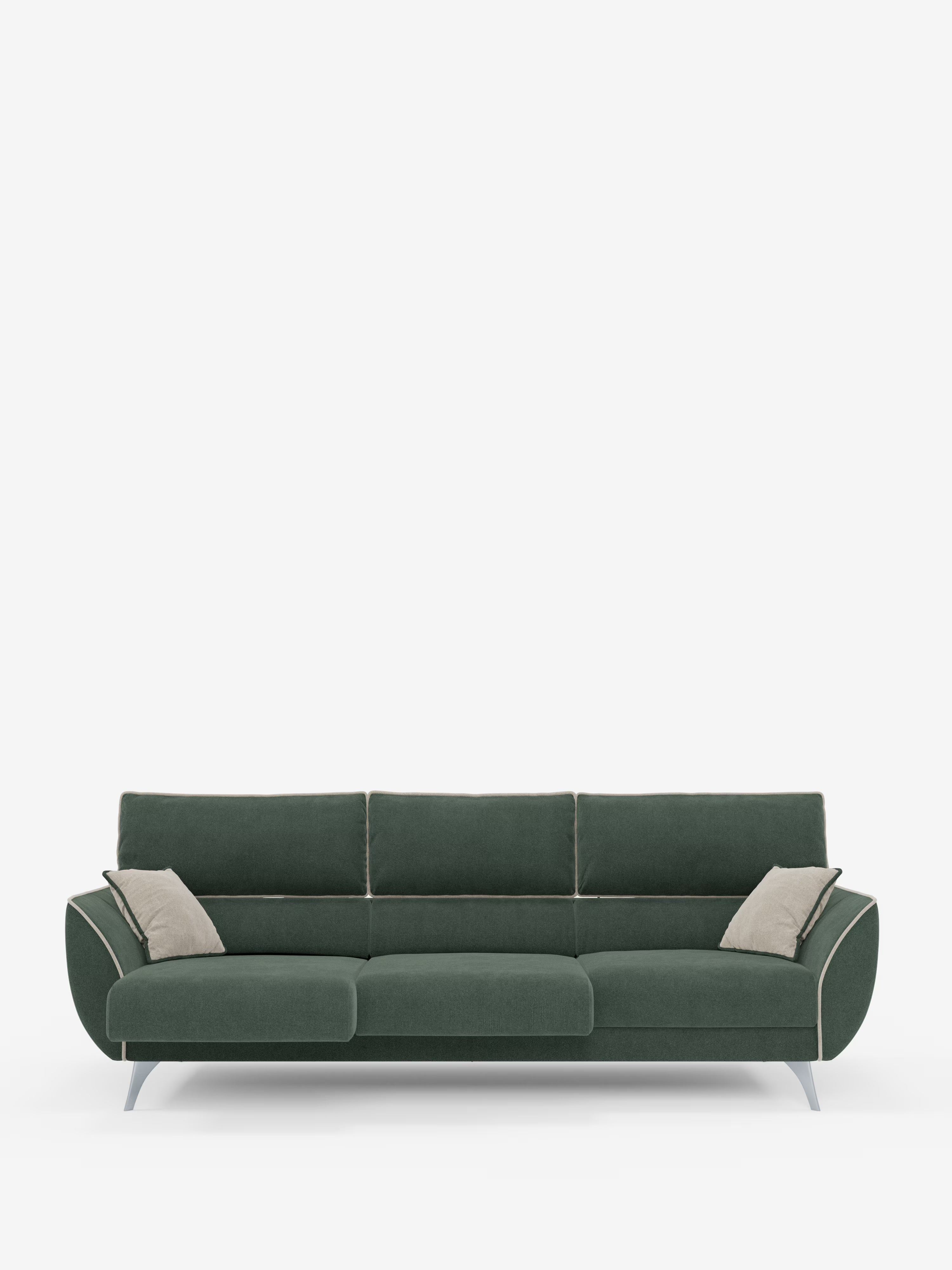Il divano Michelangelo 4 Posti bicolore di Divani.Store è un divano moderno e minimalista dotato di tre sedute estensibili e poggiatesta regolabili, rivestito in tessuto T23 facile da pulire. Realizzato in verde scuro con sottili gambe argentate e impreziosito da una bordatura bianca, include due cuscini decorativi beige chiaro alle estremità ed è presentato su uno sfondo bianco a tinta unita, fondendo con naturalezza il lusso contemporaneo con una raffinata semplicità.