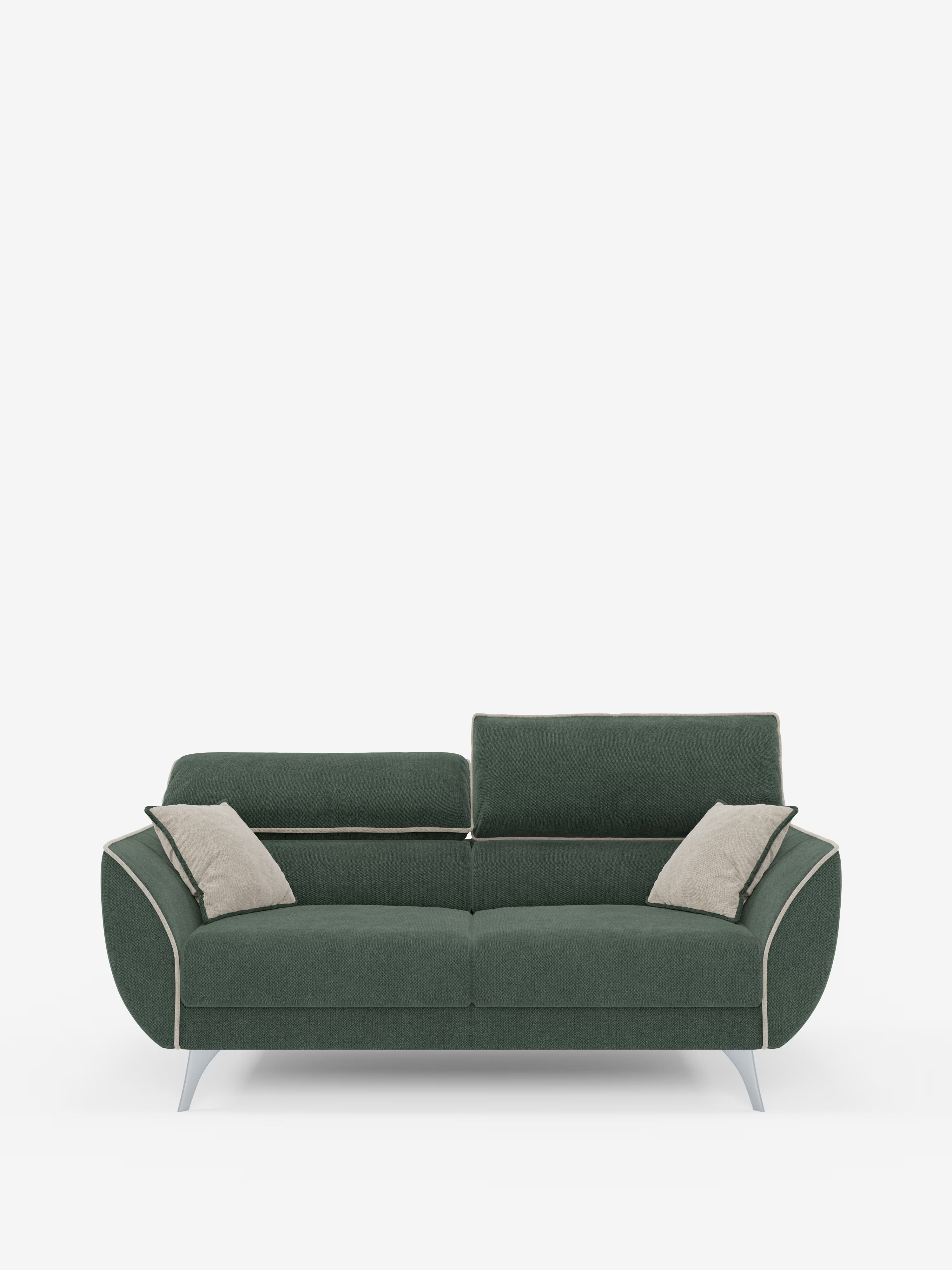 Vi presentiamo il divano Michelangelo a 2 e 3 posti di Divani.Store: un divano contemporaneo bicolore realizzato in tessuto T23 facile da pulire, caratterizzato da una base verde scuro con rifiniture in colore chiaro. Il design comprende eleganti gambe argentate, due spaziosi cuscini dello schienale e due cuscini decorativi beige chiaro. Le sedute estensibili e i poggiatesta regolabili ne esaltano il comfort, il tutto messo in risalto da uno sfondo bianco a tinta unita.