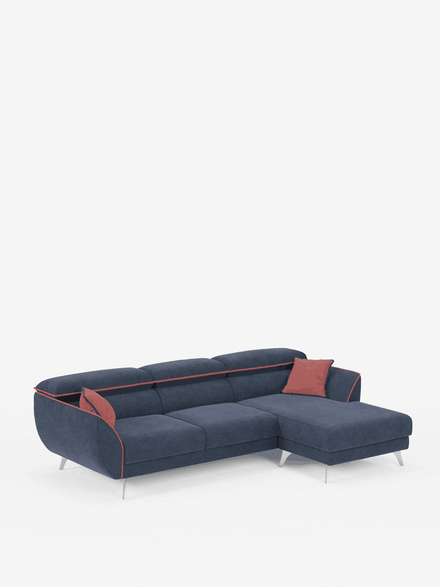 Vi presentiamo il divano angolare bicolore Michelangelo con penisola e sedute estensibili di Divani.Store: un divano componibile contemporaneo in tessuto blu scuro con vistose rifiniture arancioni, eleganti gambe in metallo e due cuscini decorativi arancioni abbinati. Dotato di poggiatesta reclinabili e rivestimento T23 facile da pulire, questo moderno divano è presentato su uno sfondo bianco a tinta unita, ideale per qualsiasi soggiorno contemporaneo.