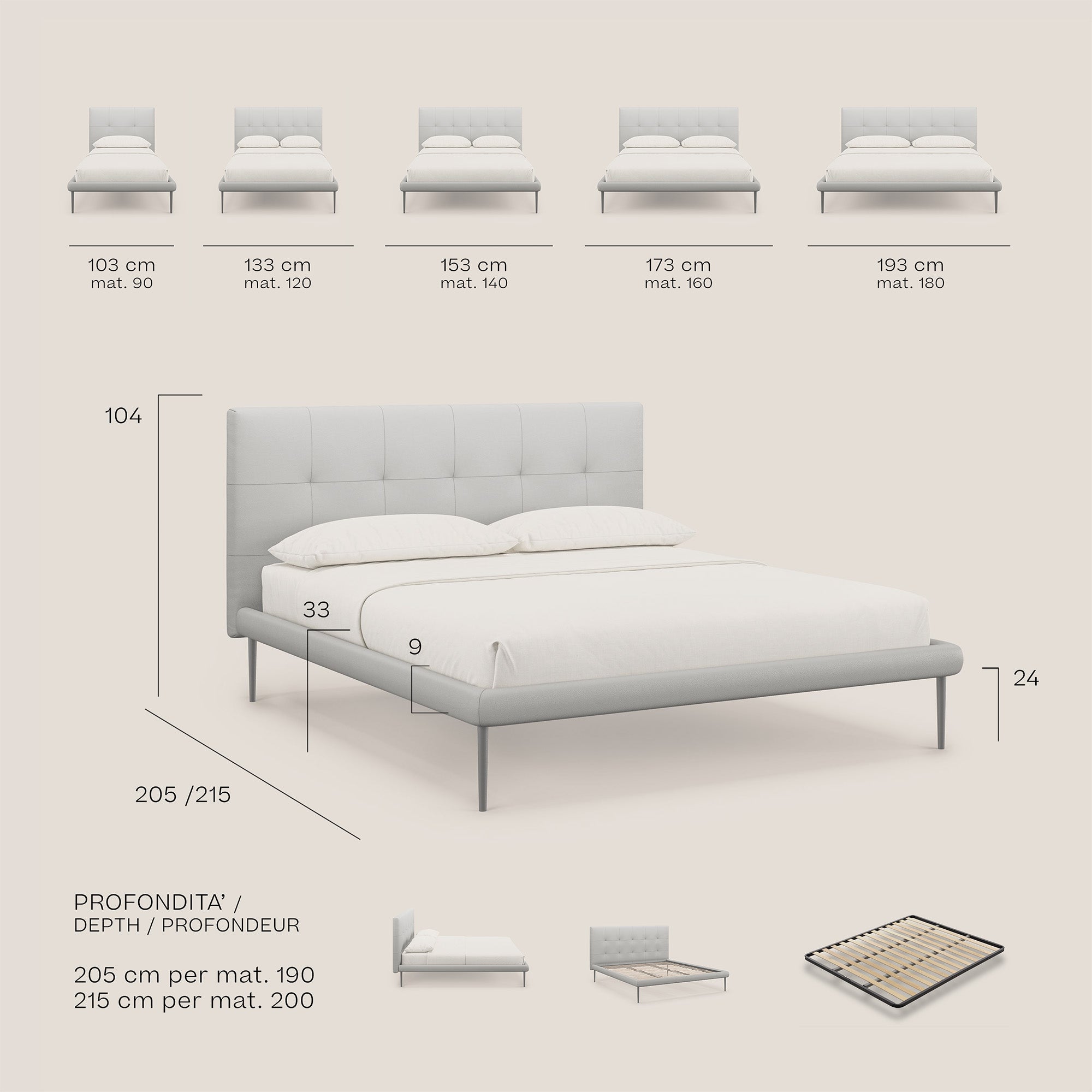Midori letto imbottito trapuntato in ecopelle con piedini alti T04 talpa - divani.store