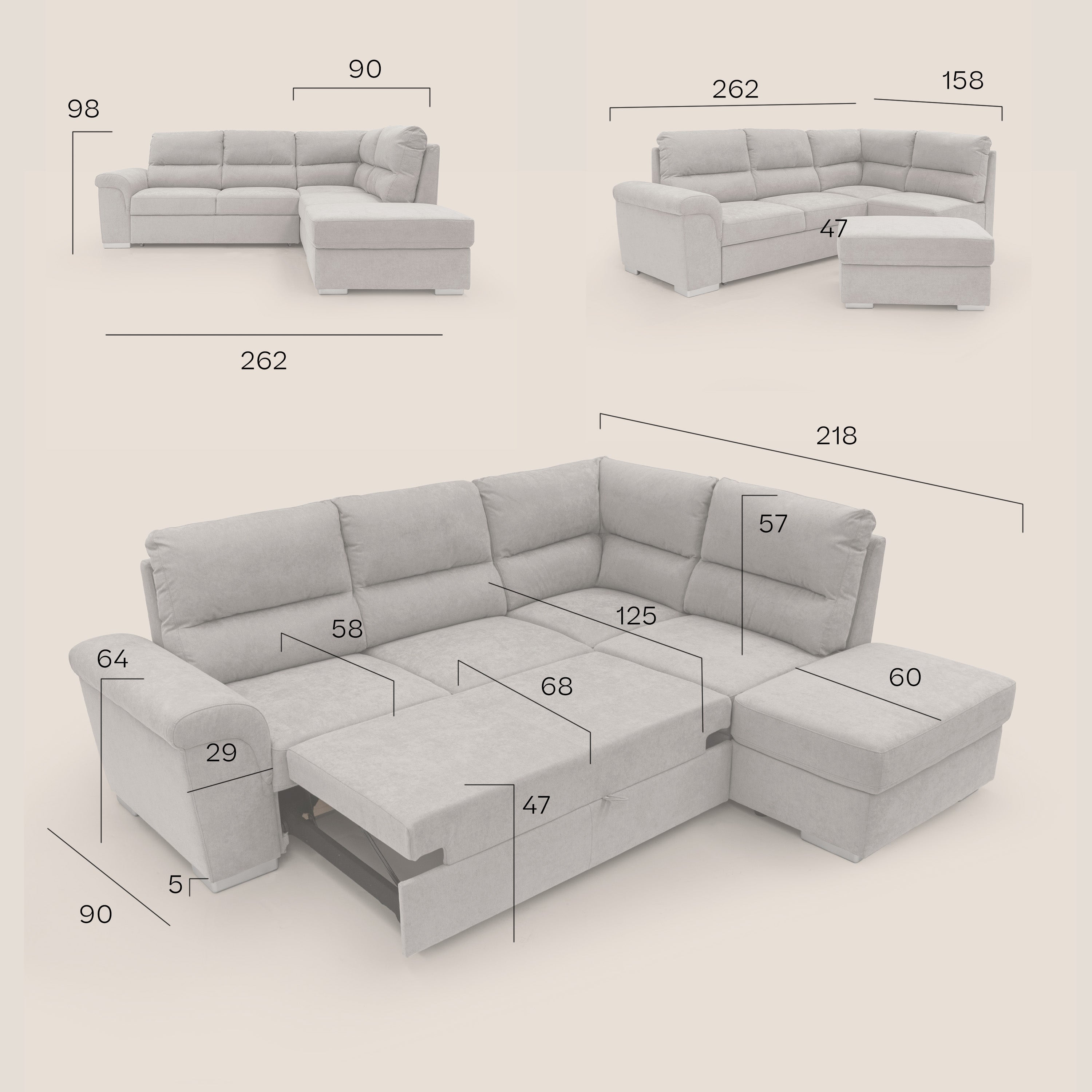 Minerva divano angolare con estraibile a cassettone e pouf contenitore in tessuto morbido impermeabile T02 carta da zucchero - divani.store