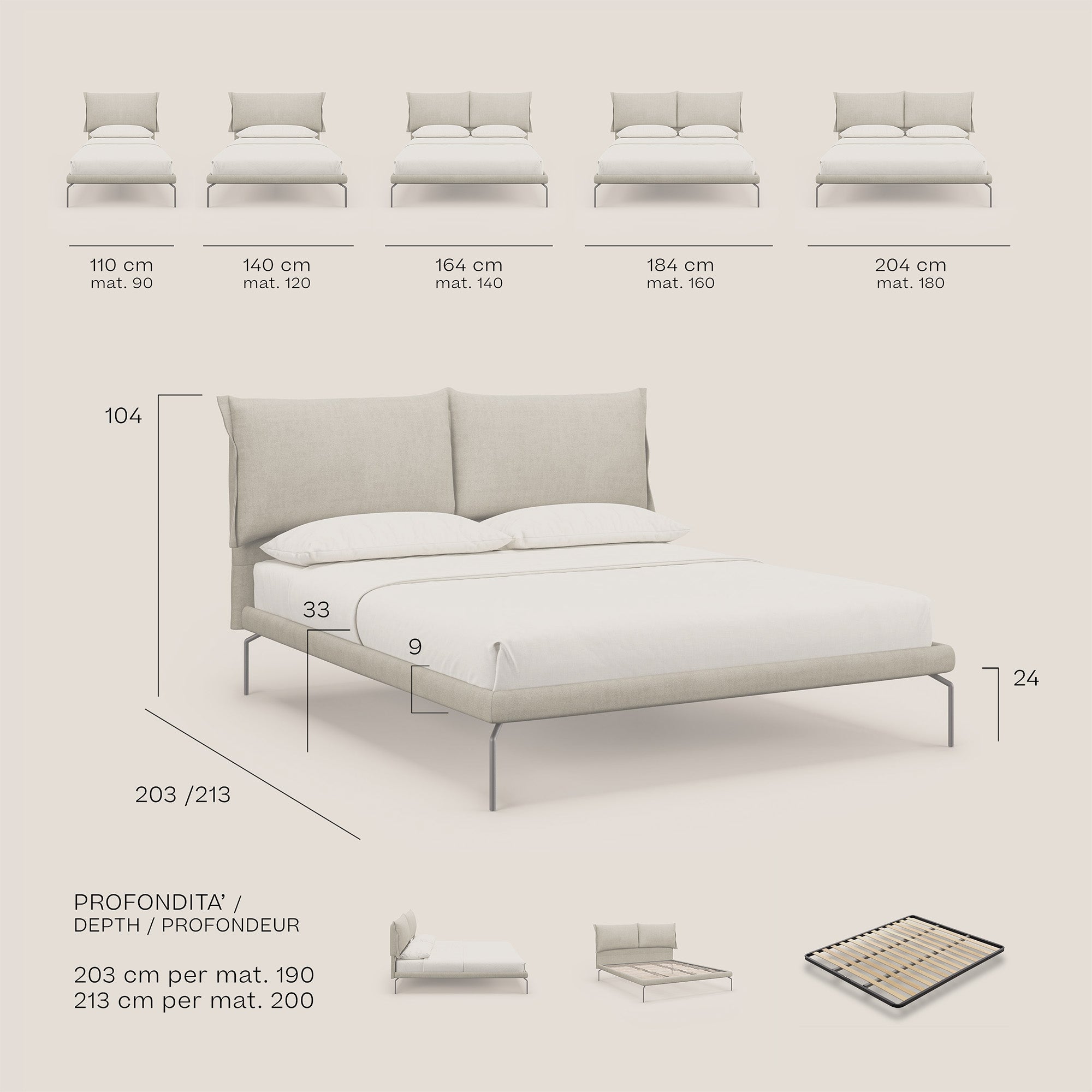 Bice letto imbottito con cuscini e piedi alti in metallo in tessuto impermeabile T02 beige - divani.store