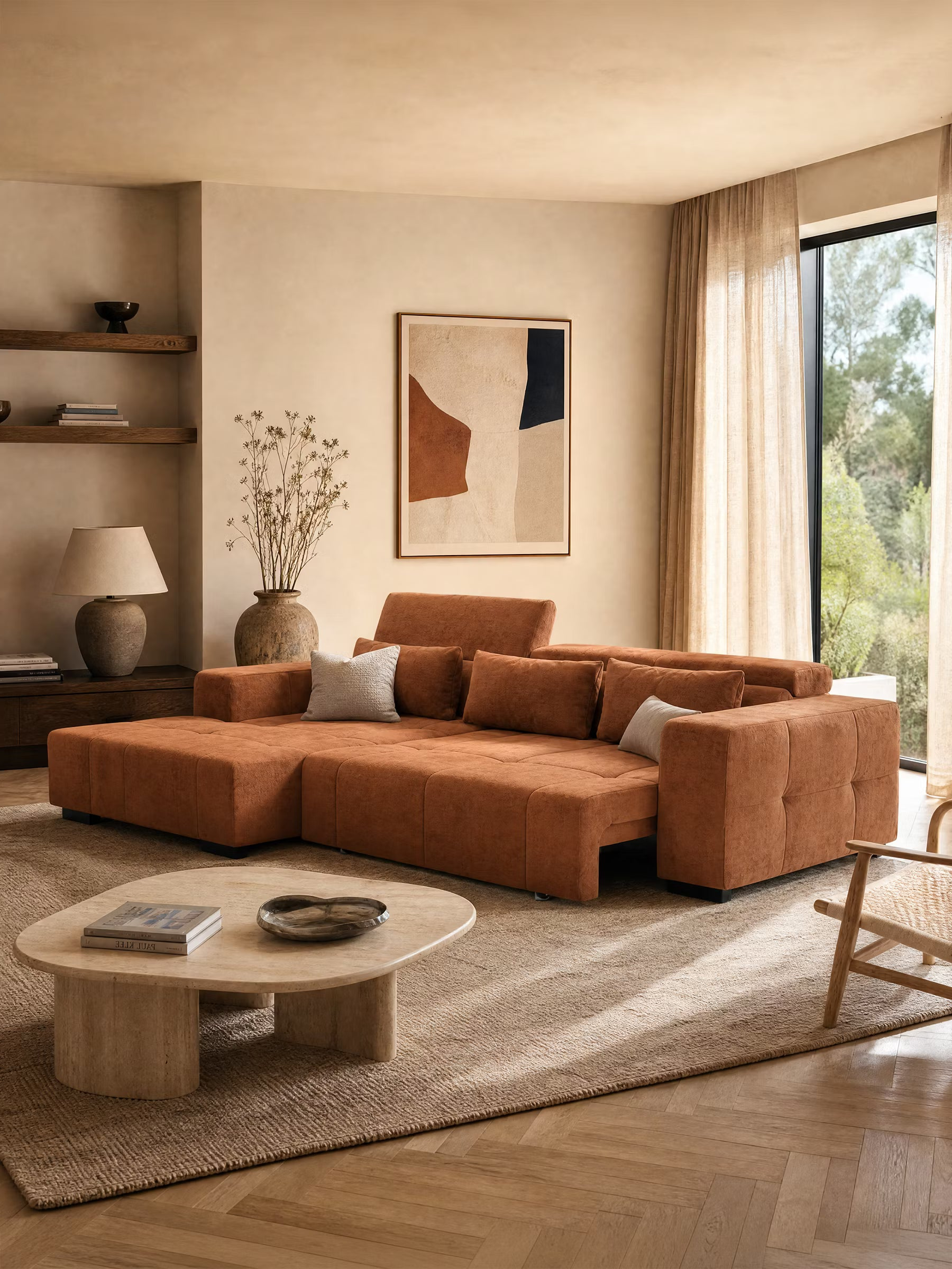 Un soggiorno moderno con il Monarch Divano angolare con penisola e Relax Elettrico 299 cm SINISTRO di Divani.Store in smacchiabile T31 Ruggine, caratterizzato da poggiatesta reclinabili, cuscini neutri e un tavolino rotondo in pietra su un tappeto beige.