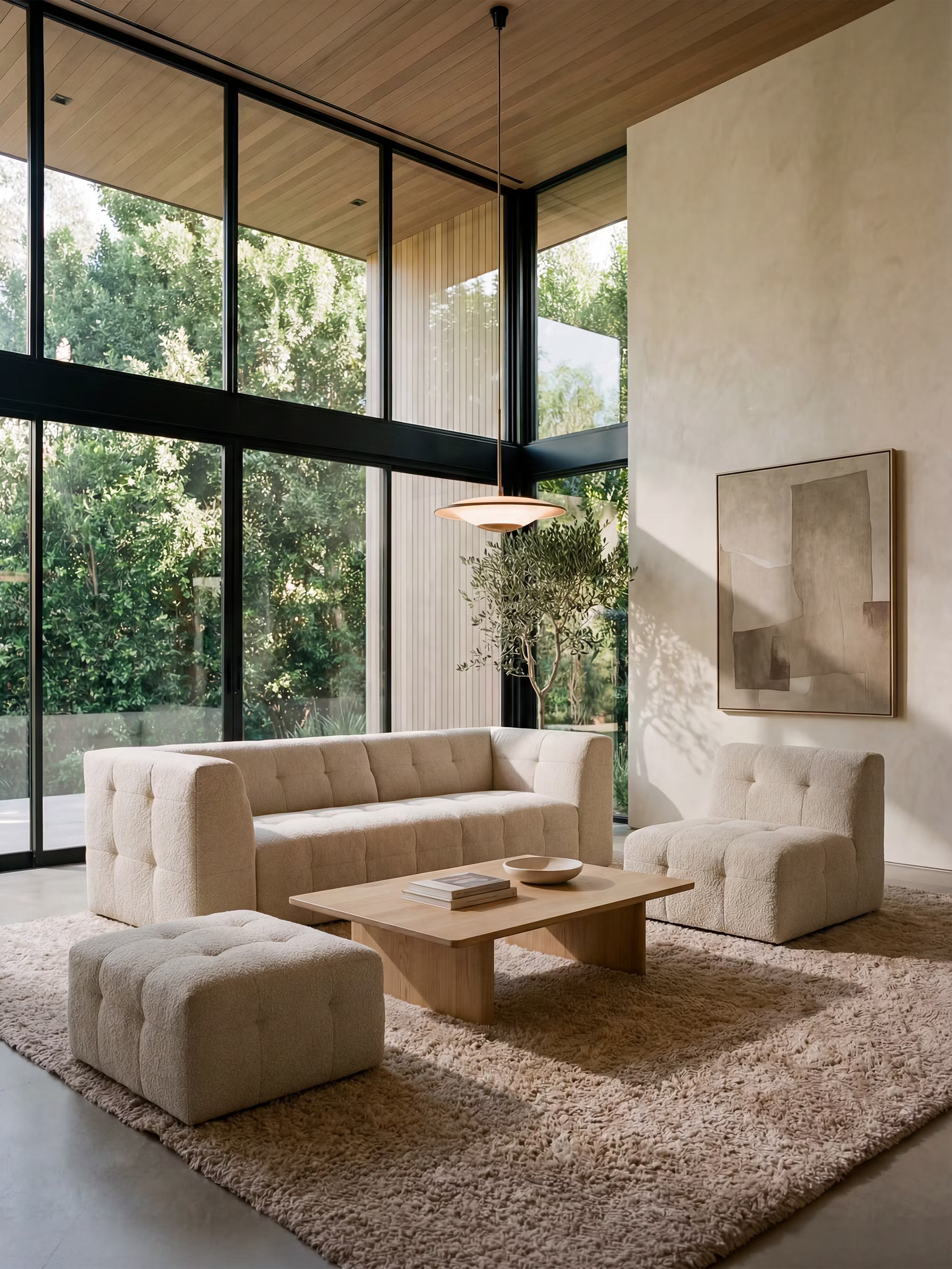 Soggiorno moderno con divano color crema, due poltrone Mosaic Modulo da 77 cm in bouclé - capitonné e design in tessuto antimacchia T21 di Divani.Store, un tavolino basso in legno e un tappeto dalla trama particolare. Le ampie vetrate a tutta altezza rivelano la rigogliosa vegetazione esterna. Su una parete chiara è appeso un quadro astratto in stile minimalista, mentre in un angolo è collocato un albero in vaso.