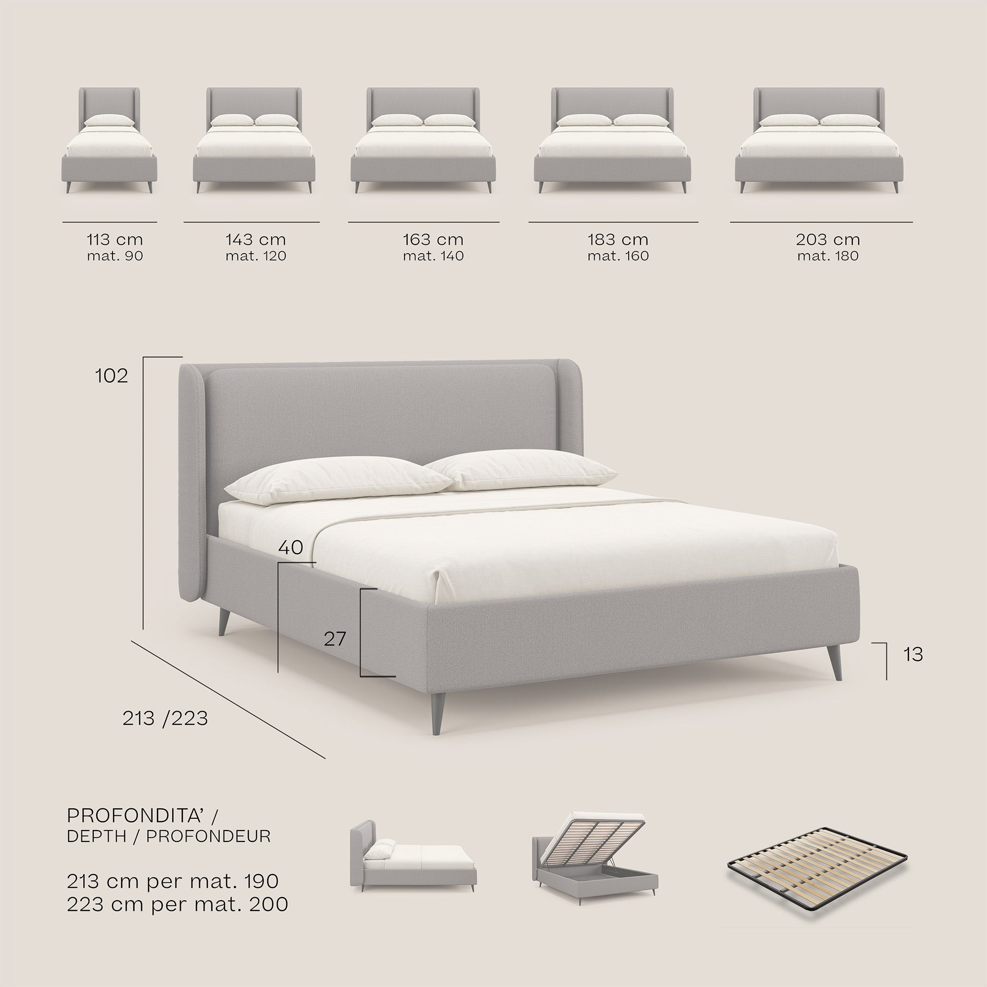 Nadine letto contenitore di design e comfort Italiano in tessuto impermeabile T19 beige - divani.store