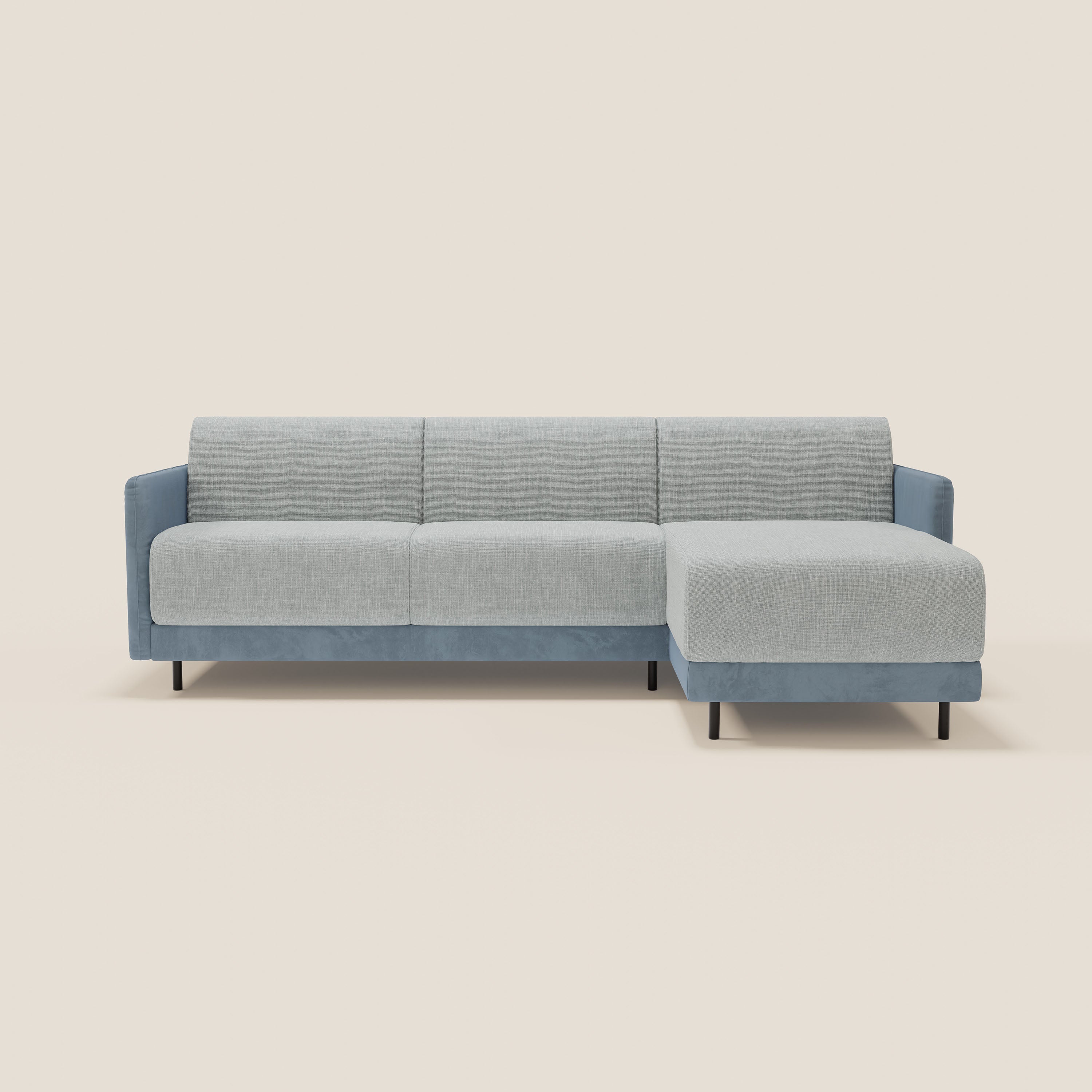 Narciso divano letto angolare con materasso alto 18 cm e penisola contenitore in tessuto bicolore impermeabile T11 e T06 - divani.store