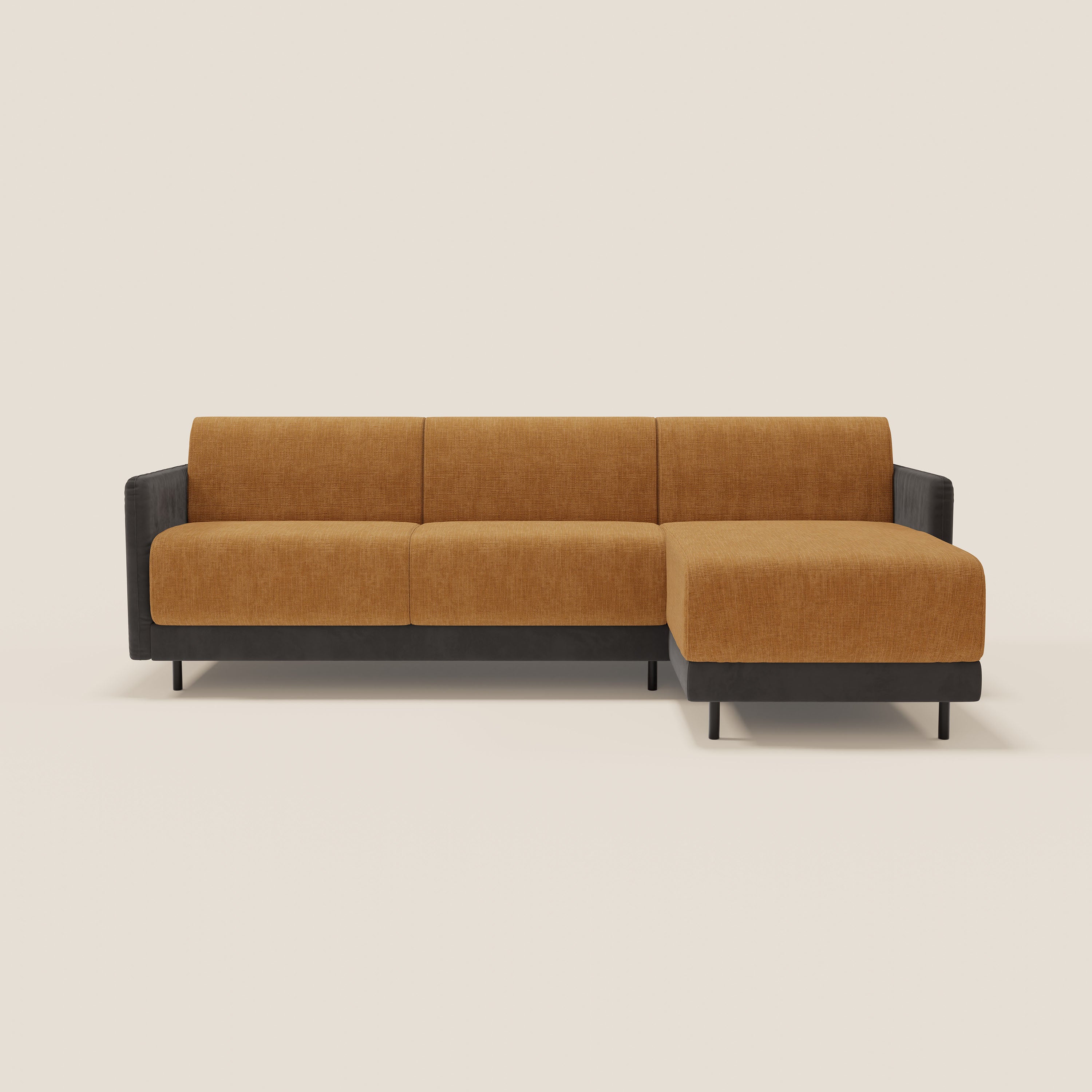 Narciso divano letto angolare con materasso alto 18 cm e penisola contenitore in tessuto bicolore impermeabile T11 e T06 - divani.store