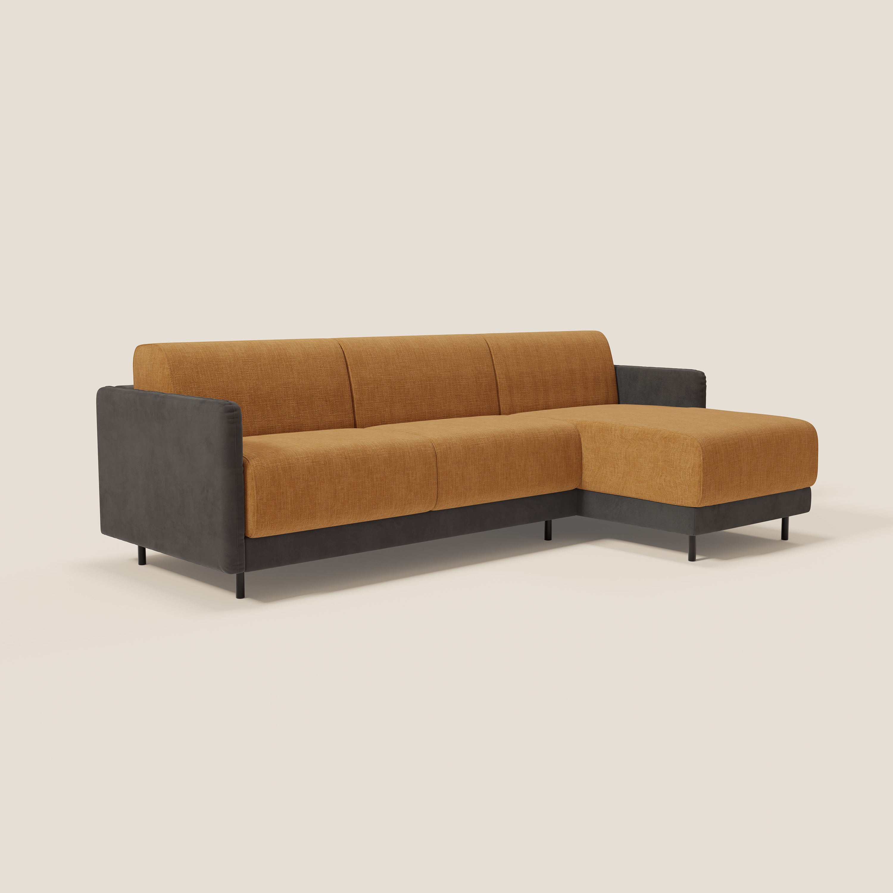 Narciso divano letto angolare con materasso alto 18 cm e penisola contenitore in tessuto bicolore impermeabile T11 e T06 - divani.store