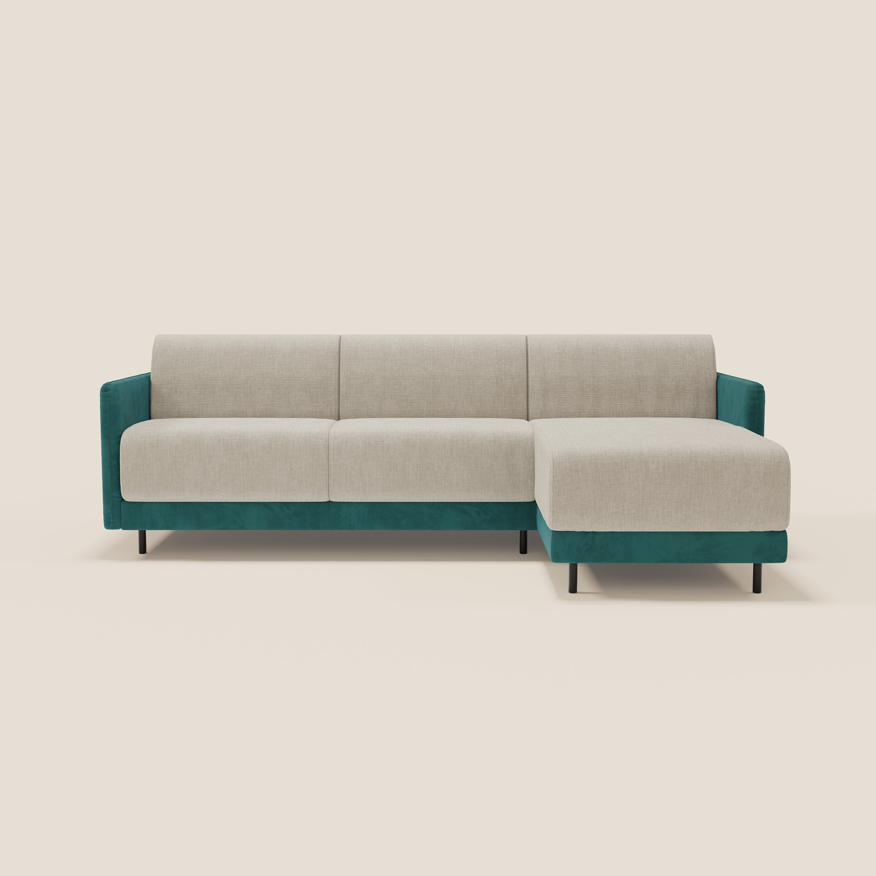 Narciso divano letto angolare con materasso alto 18 cm e penisola contenitore in tessuto bicolore impermeabile T11 e T06 - divani.store