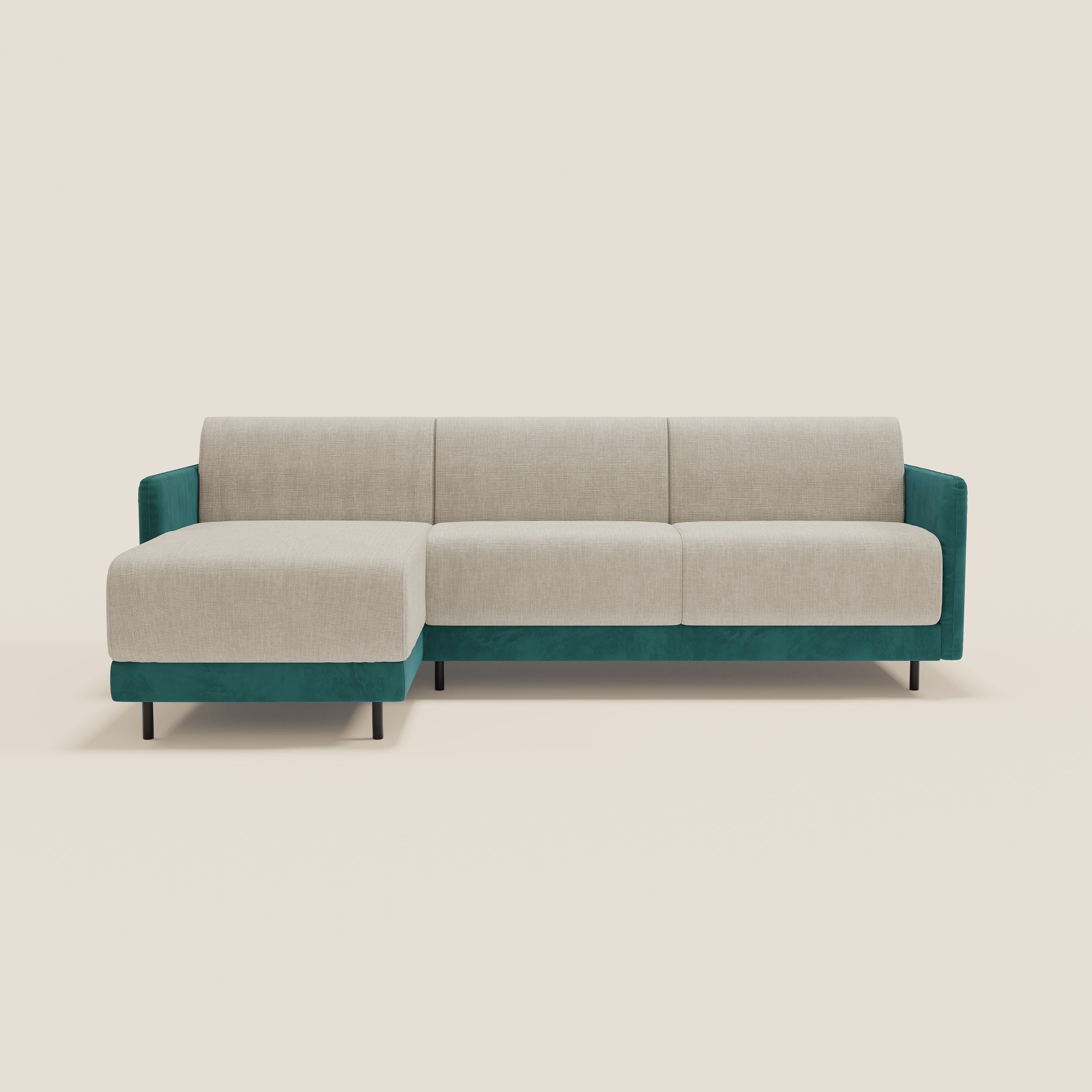 Narciso divano letto angolare con materasso alto 18 cm e penisola contenitore in tessuto bicolore impermeabile T11 e T06 - divani.store