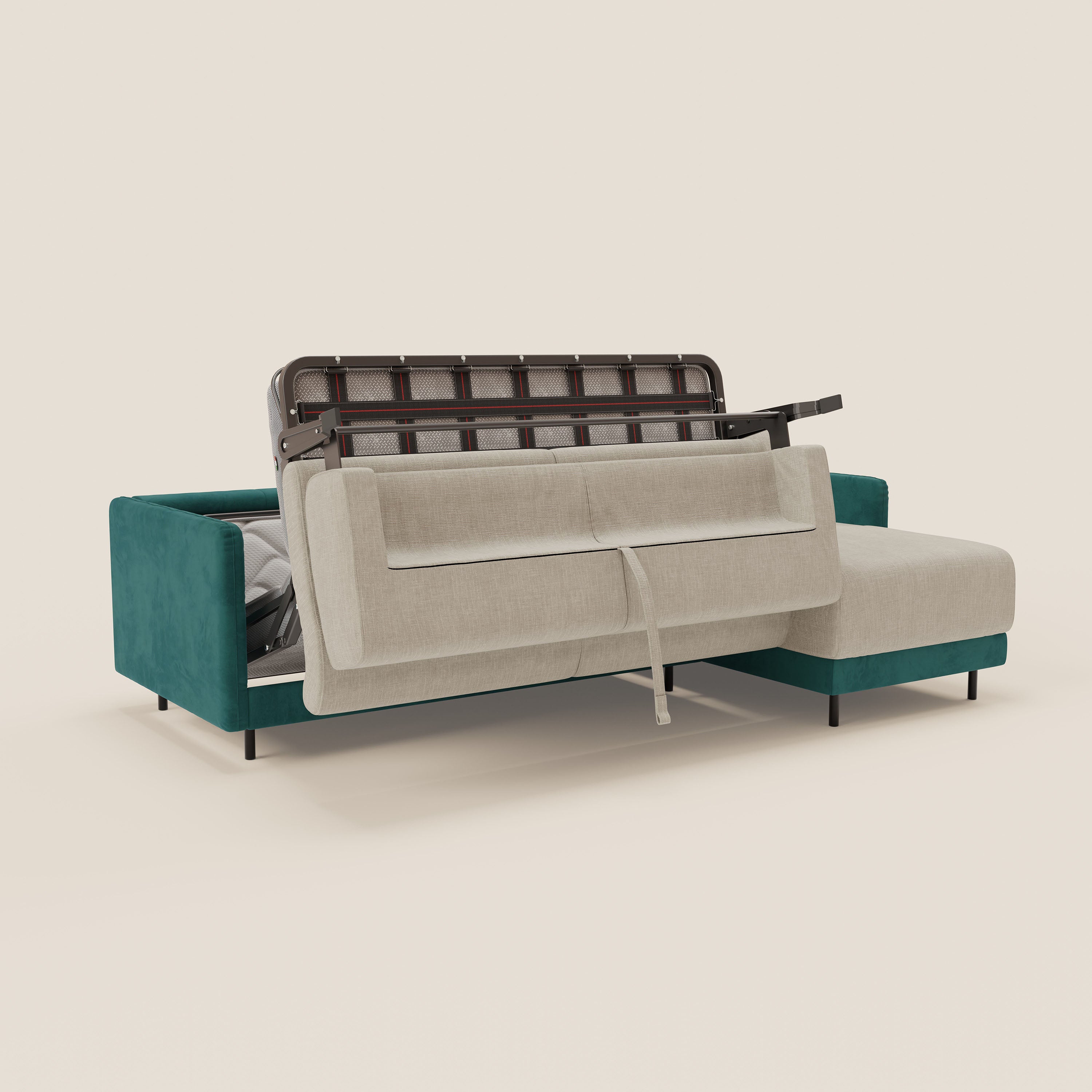 Narciso divano letto angolare con materasso alto 18 cm e penisola contenitore in tessuto bicolore impermeabile T11 e T06 - divani.store