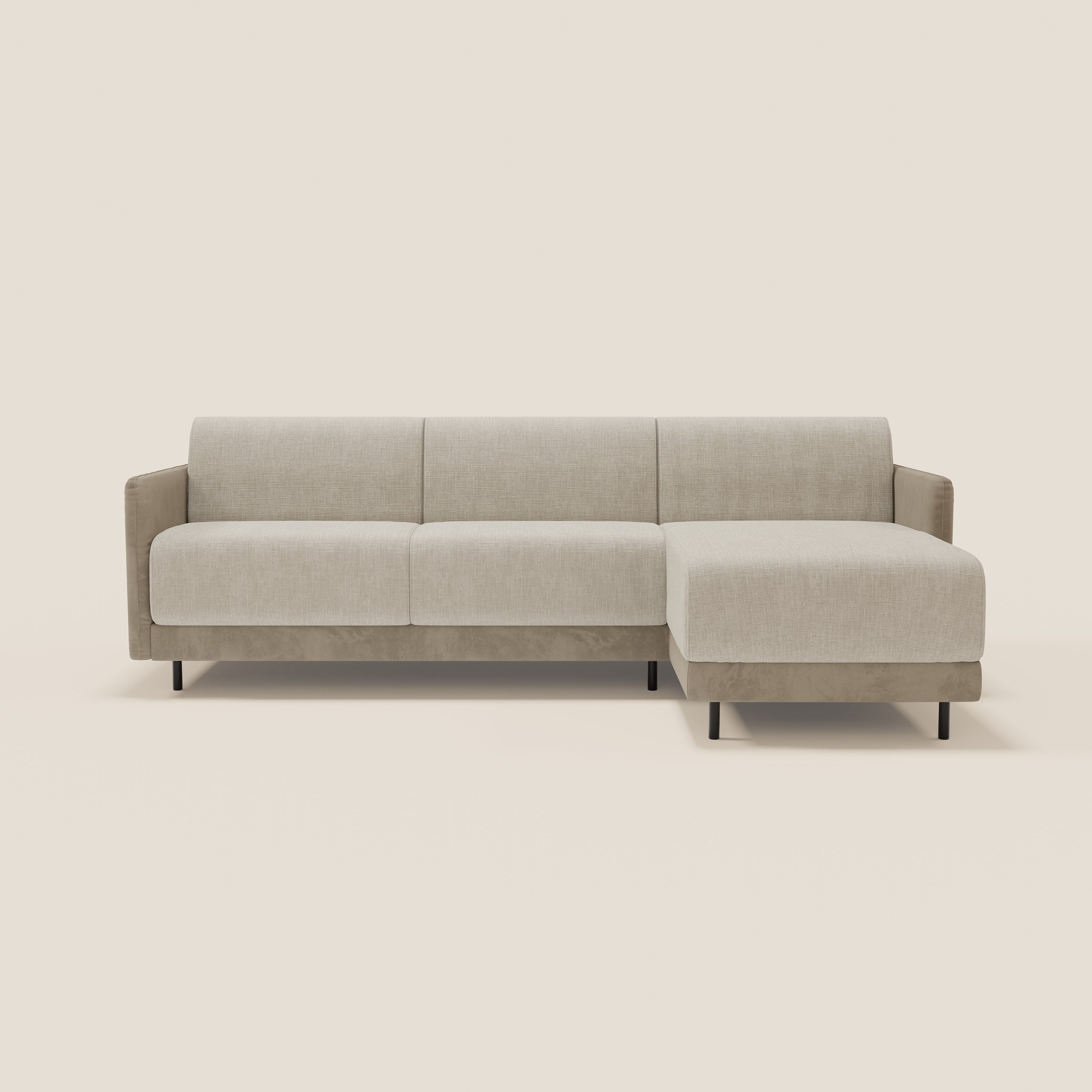 Narciso divano letto angolare con materasso alto 18 cm e penisola contenitore in tessuto bicolore impermeabile T11 e T06 - divani.store