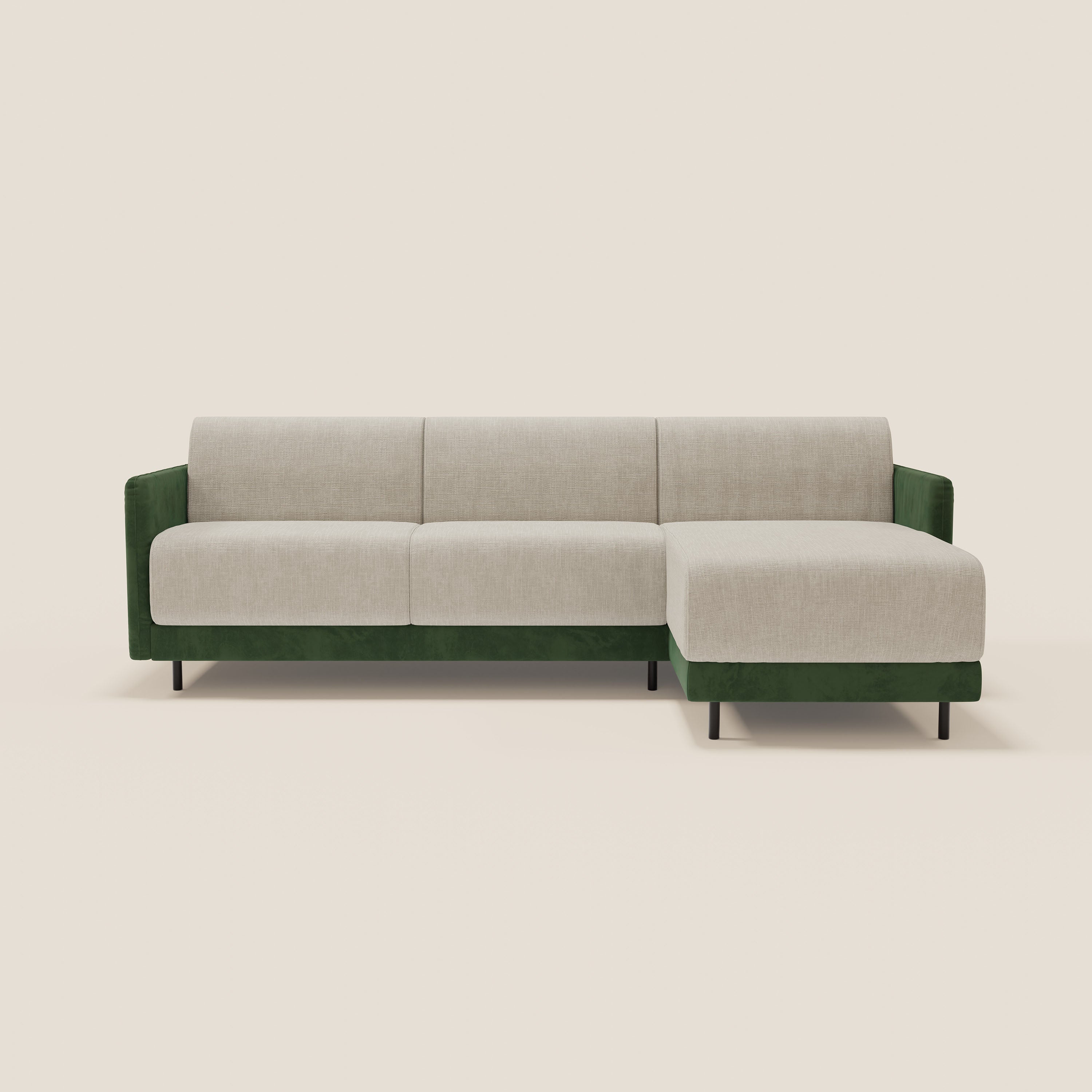 Narciso divano letto angolare con materasso alto 18 cm e penisola contenitore in tessuto bicolore impermeabile T11 e T06 - divani.store