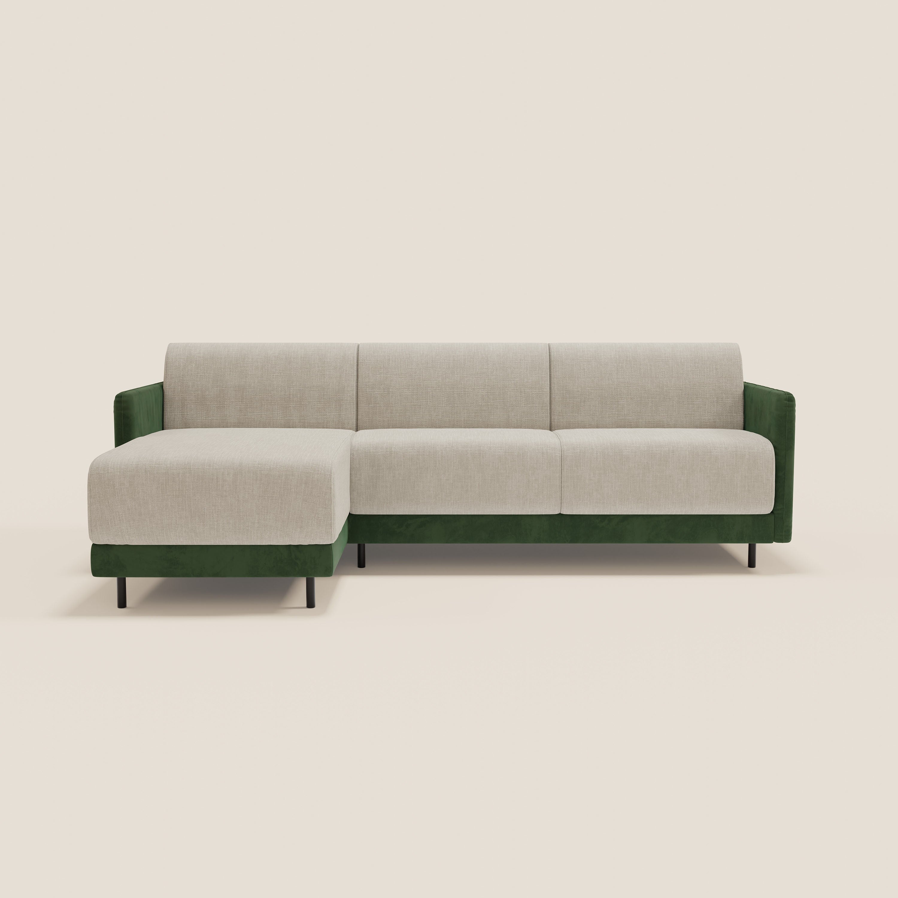 Narciso divano letto angolare con materasso alto 18 cm e penisola contenitore in tessuto bicolore impermeabile T11 e T06 - divani.store