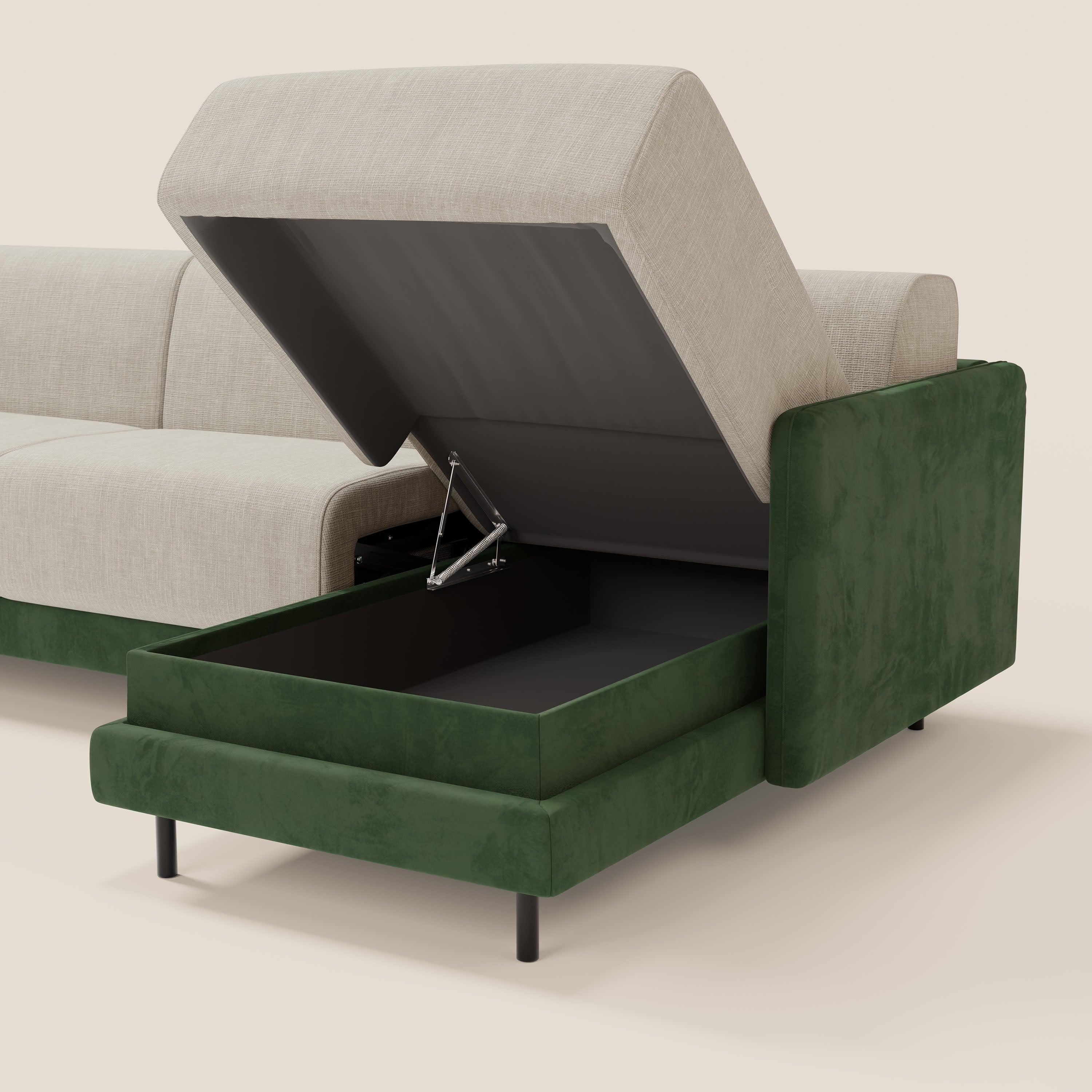 Narciso divano letto angolare con materasso alto 18 cm e penisola contenitore in tessuto bicolore impermeabile T11 e T06 - divani.store