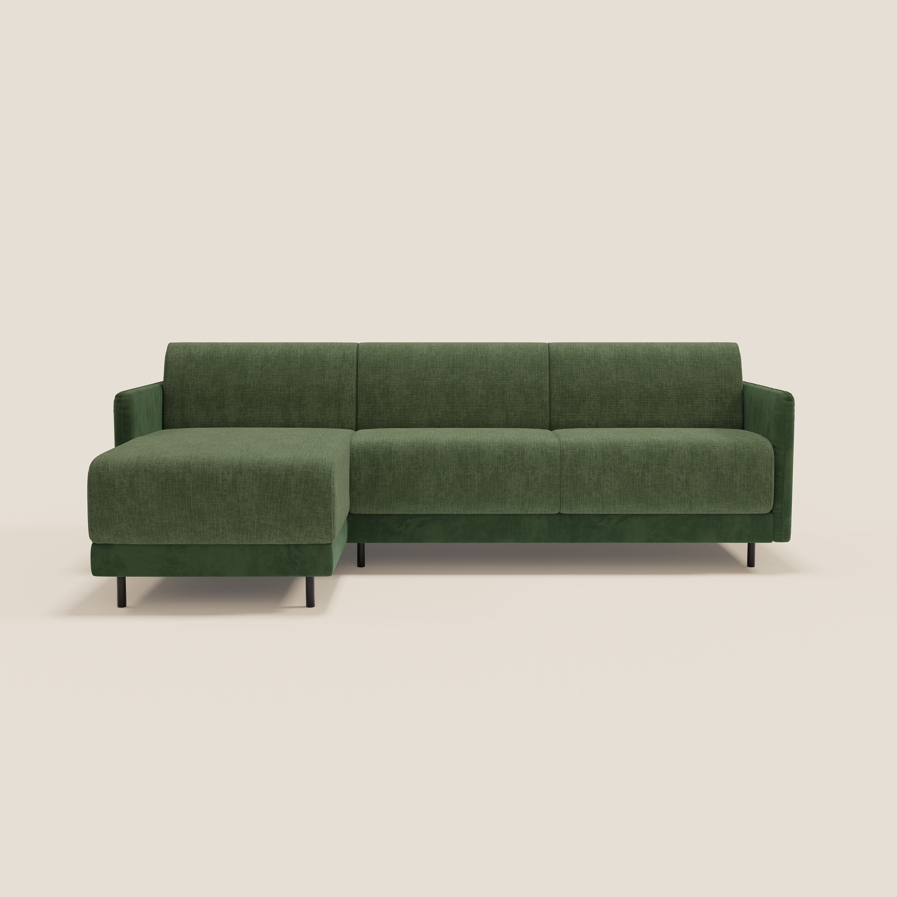 Narciso divano letto angolare con materasso alto 18 cm e penisola contenitore in tessuto bicolore impermeabile T11 e T06 - divani.store