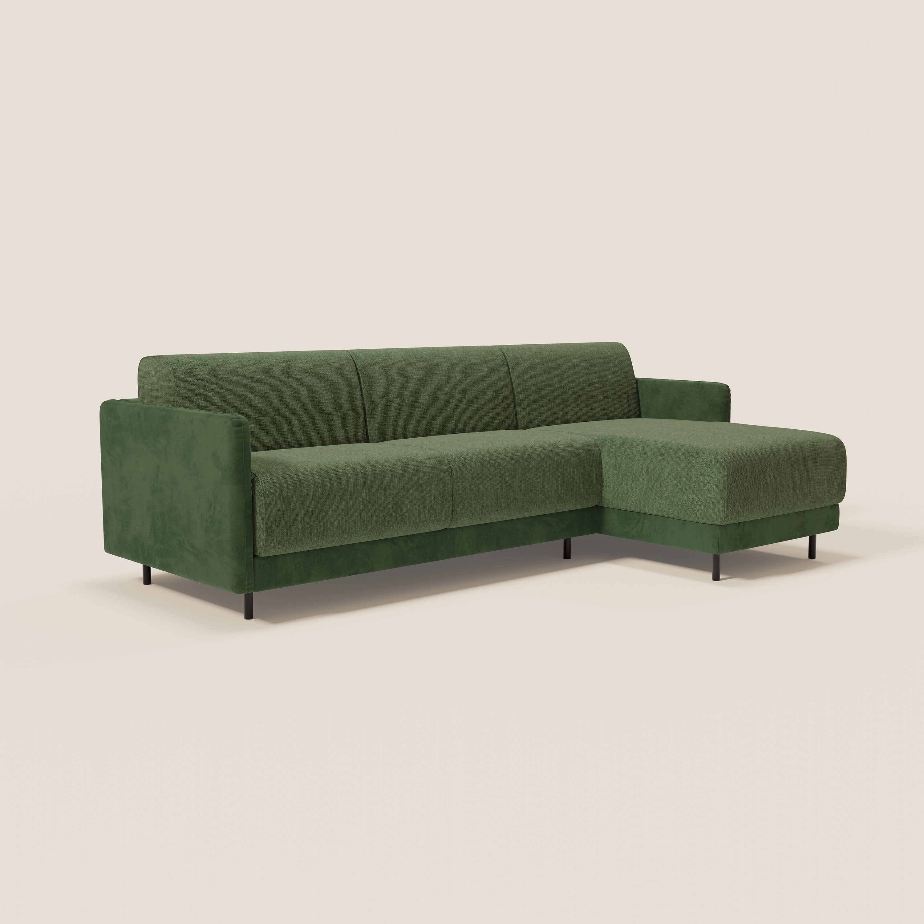 Narciso divano letto angolare con materasso alto 18 cm e penisola contenitore in tessuto bicolore impermeabile T11 e T06 - divani.store