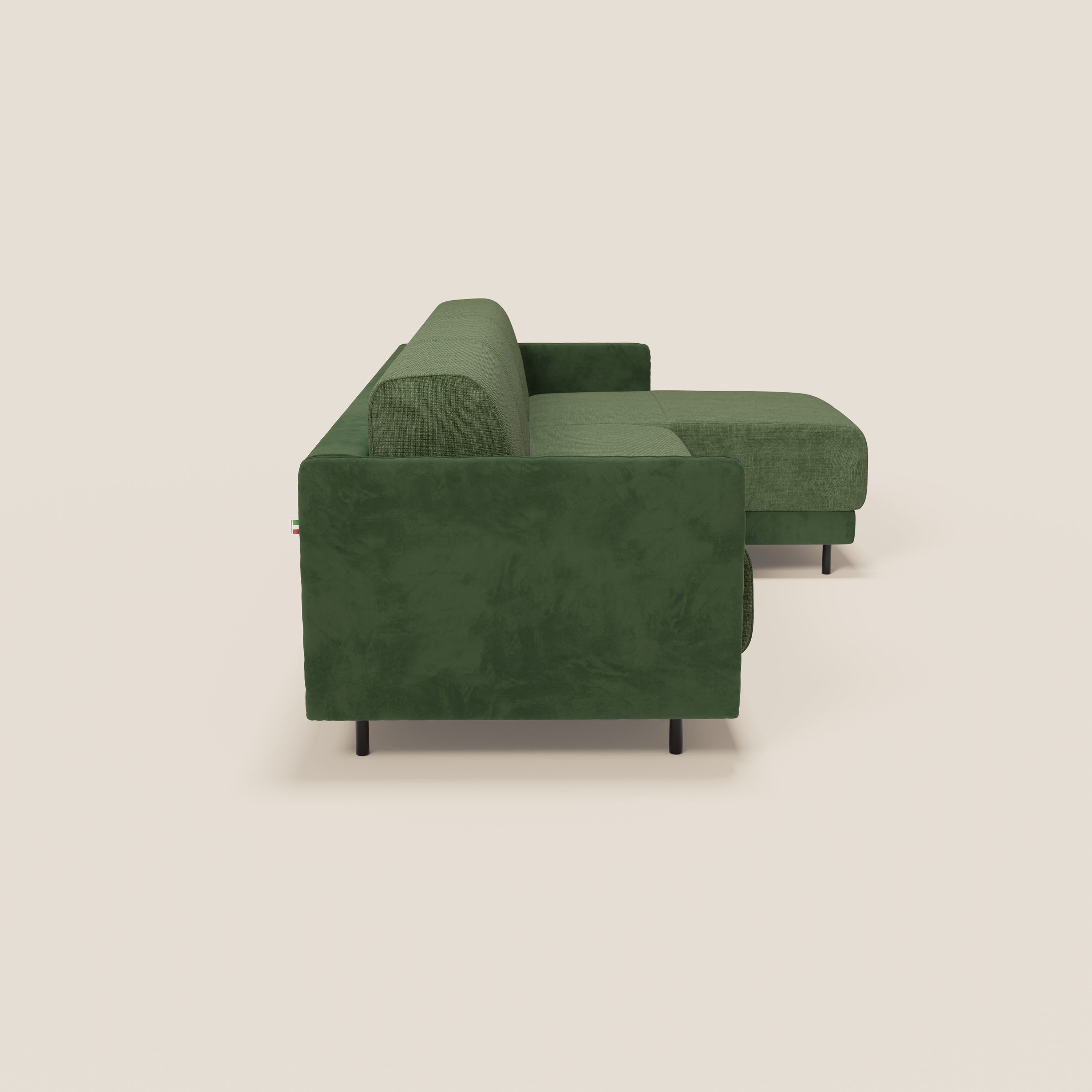 Narciso divano letto angolare con materasso alto 18 cm e penisola contenitore in tessuto bicolore impermeabile T11 e T06 - divani.store