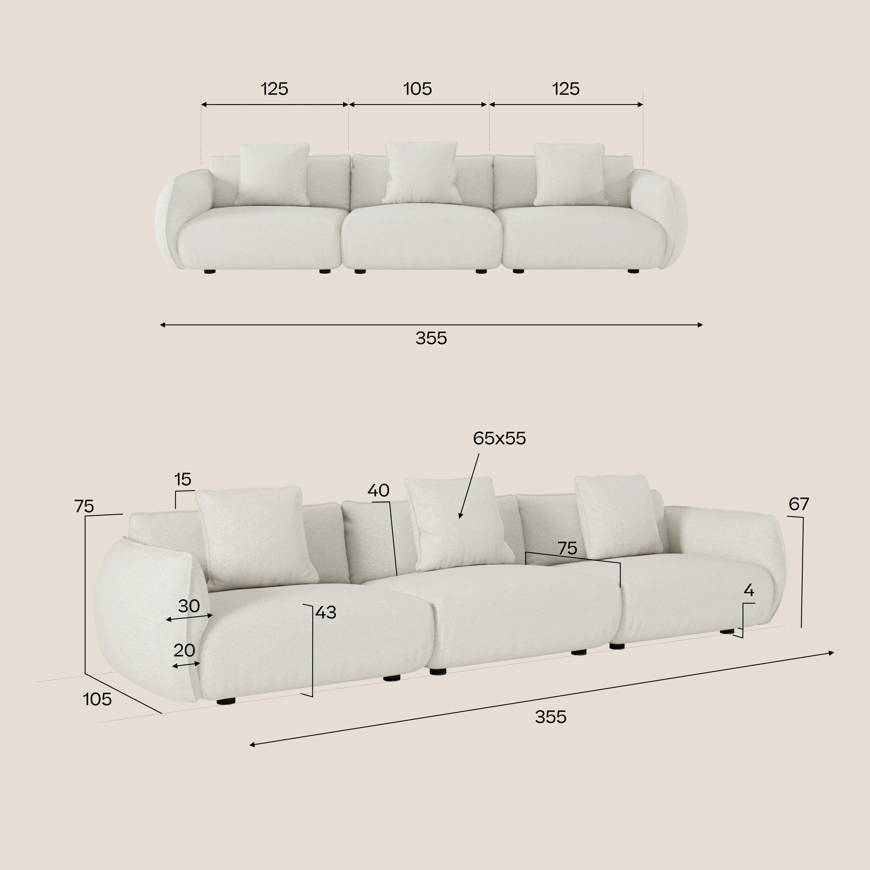 Immagine del divano modulare a 3 sedute Nimbus di Divani.Store in color crema, con rivestimento in cotone effetto T33 completamente sfoderabile. Dimensioni: larghezza 355 cm, seduta 125 cm ciascuno, altezza 67 cm, altezza seduta 40 cm, profondità 105 cm, cuscini schienale 65×55 cm.