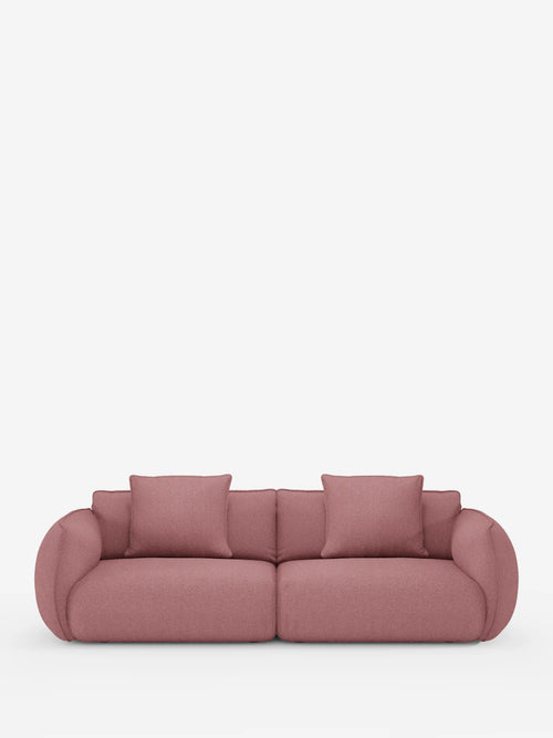 Un moderno divano Nimbus a 3 posti, modulare e componibile, firmato Divani.Store, rivestito in un morbido tessuto effetto cotone resistente alle macchie (t33), caratterizzato da morbidi braccioli e schienale arrotondati, spicca su uno sfondo bianco a tinta unita. Questo divano da 250 cm include quattro cuscini rosa abbinati — due su ciascun lato — e presenta un design minimalista e contemporaneo dall’aspetto accogliente.