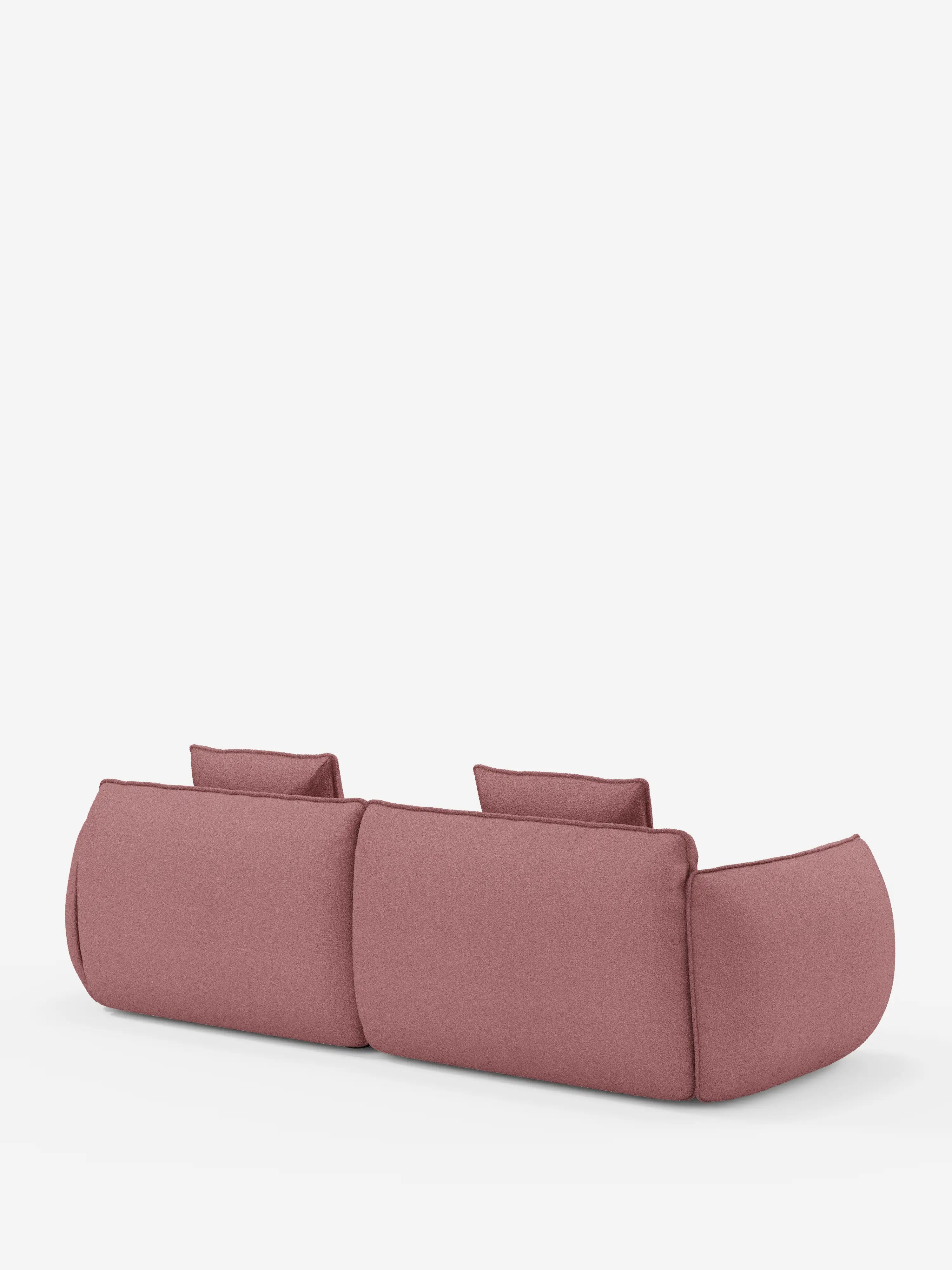Ecco una frase riscritta utilizzando i dati del prodotto forniti: Il divano Nimbus a 3 posti, modulare e componibile da 250 cm di Divani.Store, rivestito in tessuto sfoderabile e antimacchia effetto cotone t33, è raffigurato di retro su uno sfondo bianco a tinta unita. Questo divano moderno presenta bordi arrotondati, cuscini spessi e due schienali rettangolari bassi che gli conferiscono un aspetto morbido e accogliente.