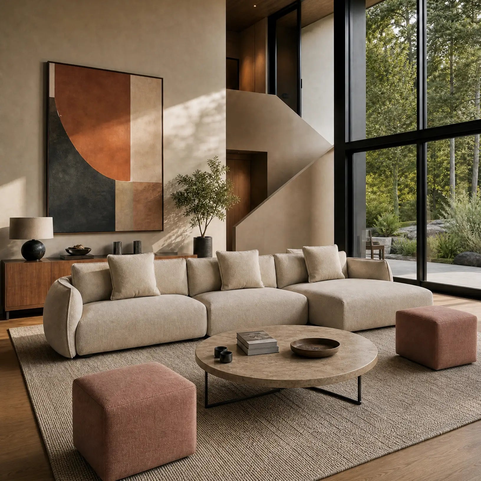 Un soggiorno moderno presenta il divano angolare Nimbus con penisola componibile in morbido tessuto effetto cotone smacchiabile T33 di Divani.Store, abbinato a cuscini beige, pouf rosa, un tavolino rotondo, opere d'arte astratta e una credenza in legno.