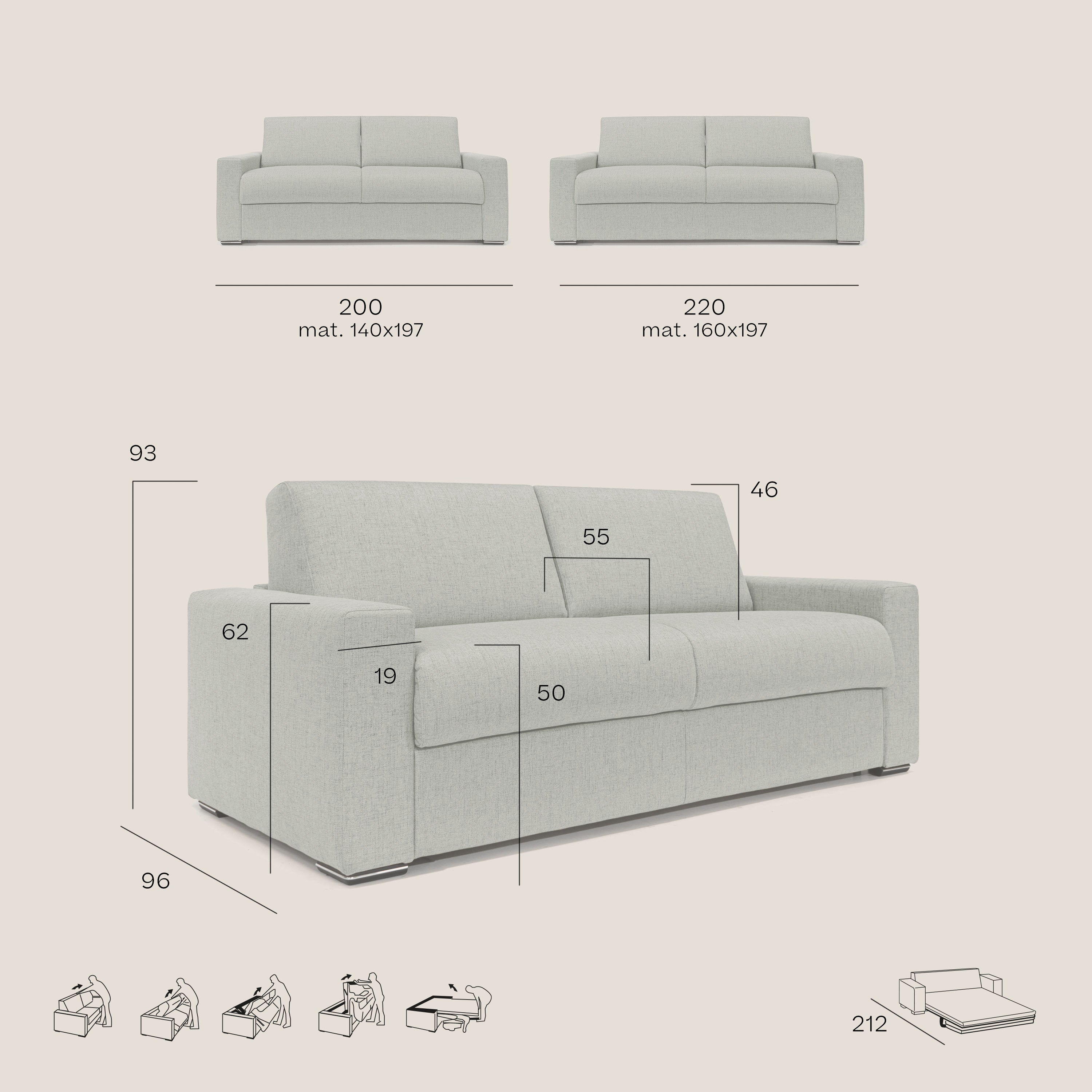 Nixon Divano letto matrimoniale con materasso 20 cm in tessuto impermeabile T03 grigio chiaro - divani.store
