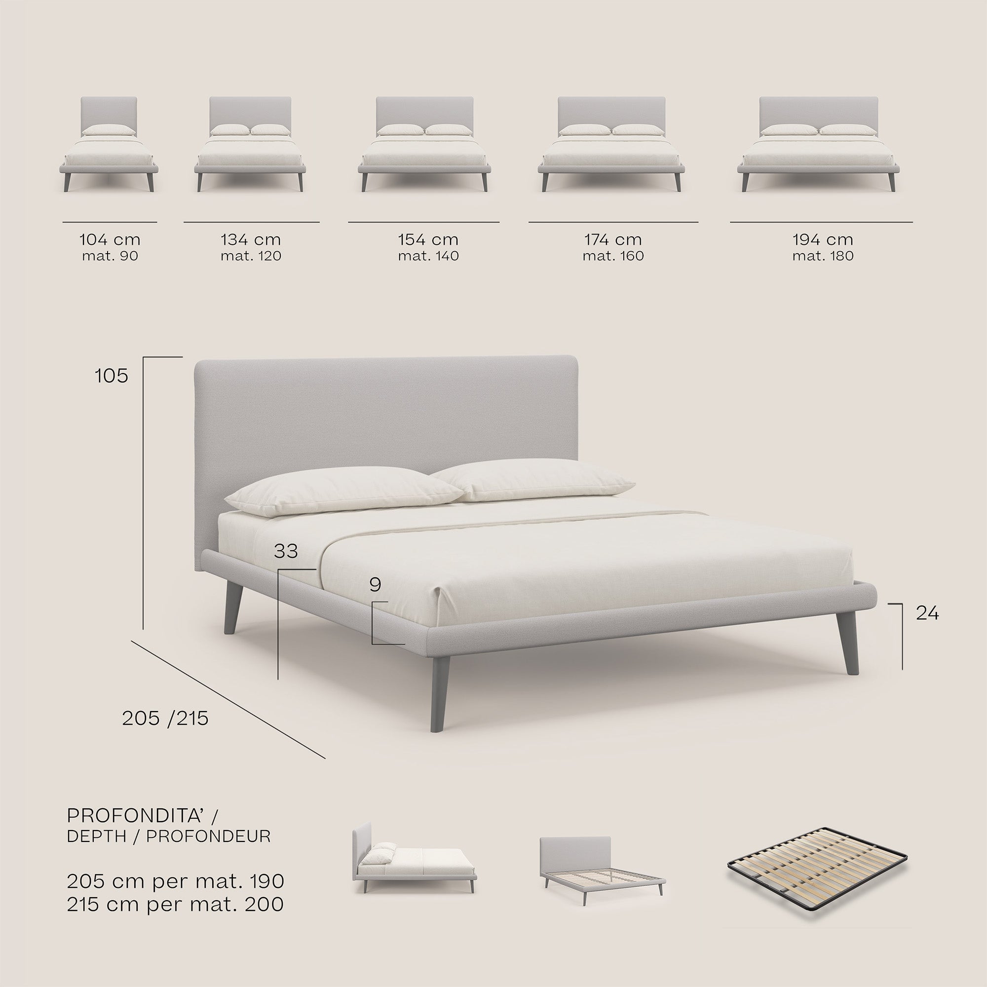 Noel letto minimal scandinavo con piedi in mogano e tessuto fiammato impermeabile T19 panna - divani.store