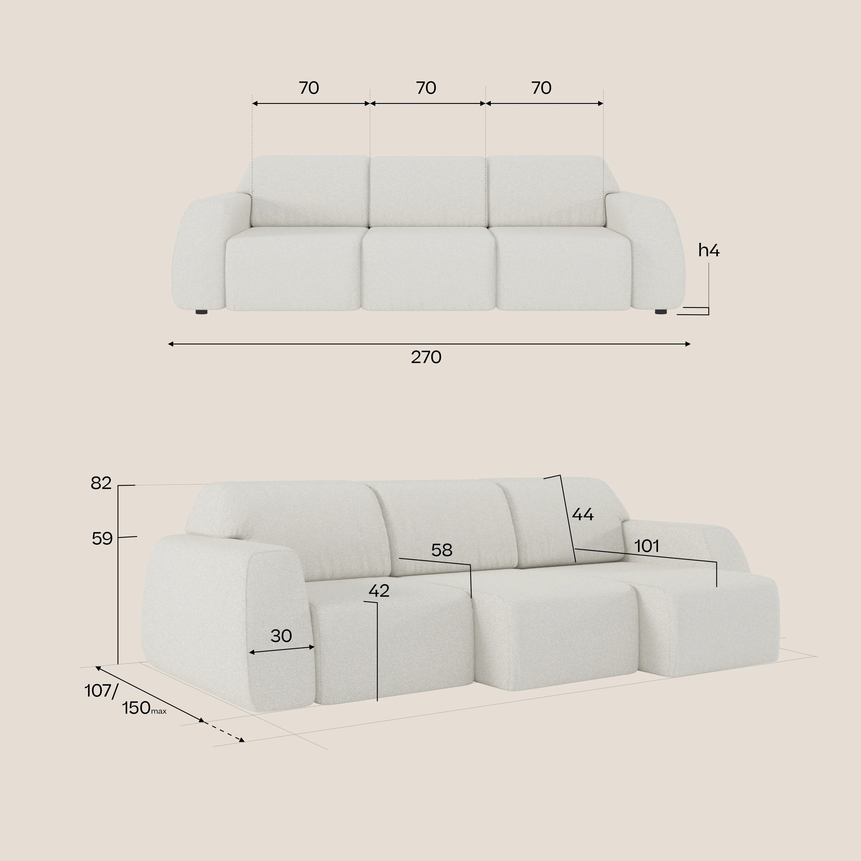 Il divano Orbit con 3 sedute scorrevoli di Divani.Store, in tessuto effetto cotone T33 smacchiabile, è mostrato davanti e di lato: larghezza 270 cm, ogni seduta 70 cm; altezza 82 cm, profondità totale 101 cm, seduta profonda 58 cm.