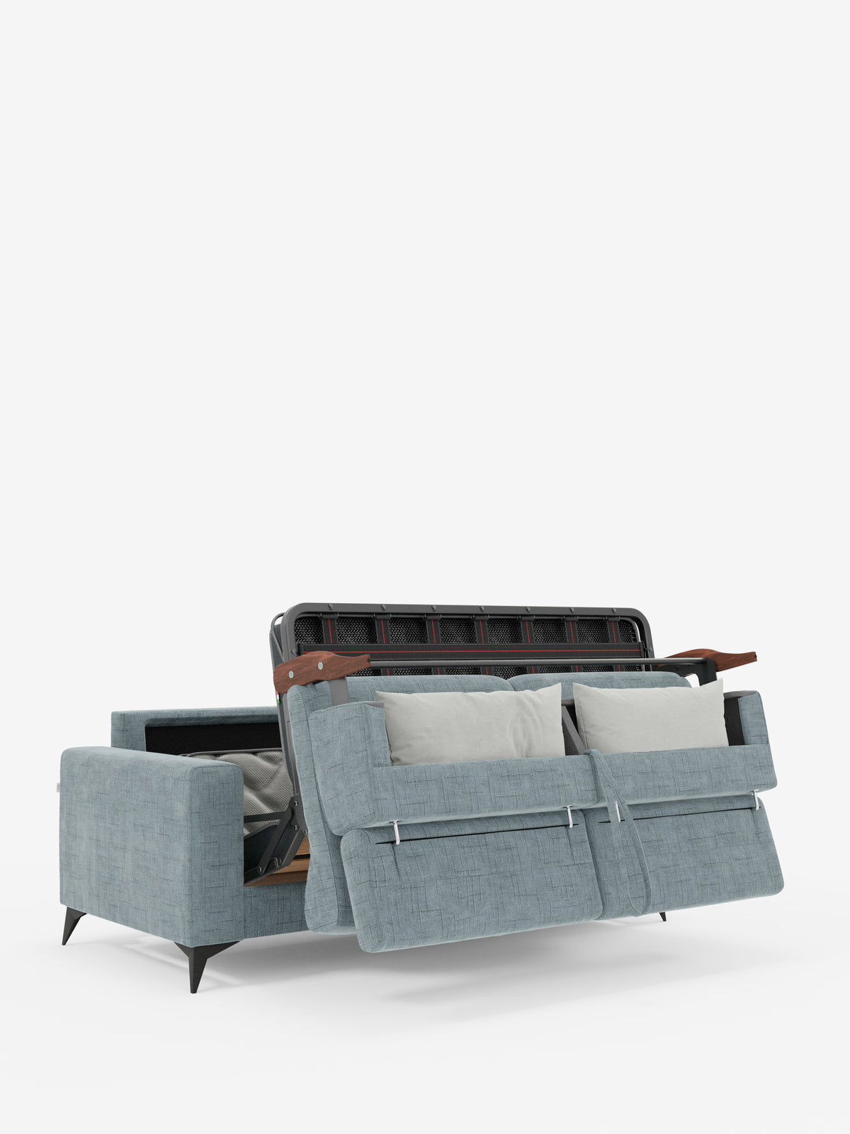 Il divano letto matrimoniale Pegaso di Divani.Store è qui presentato in una versione contemporanea color azzurro, rivestito in tessuto jacquard antimacchia T22. Questo moderno divano letto presenta gambe affusolate nere, due cuscini di seduta e due cuscini di schienale; nell’immagine è raffigurato parzialmente aperto, in modo da rivelare un vano portaoggetti nascosto sotto le sedute. L’immagine è ambientata su uno sfondo bianco a tinta unita.