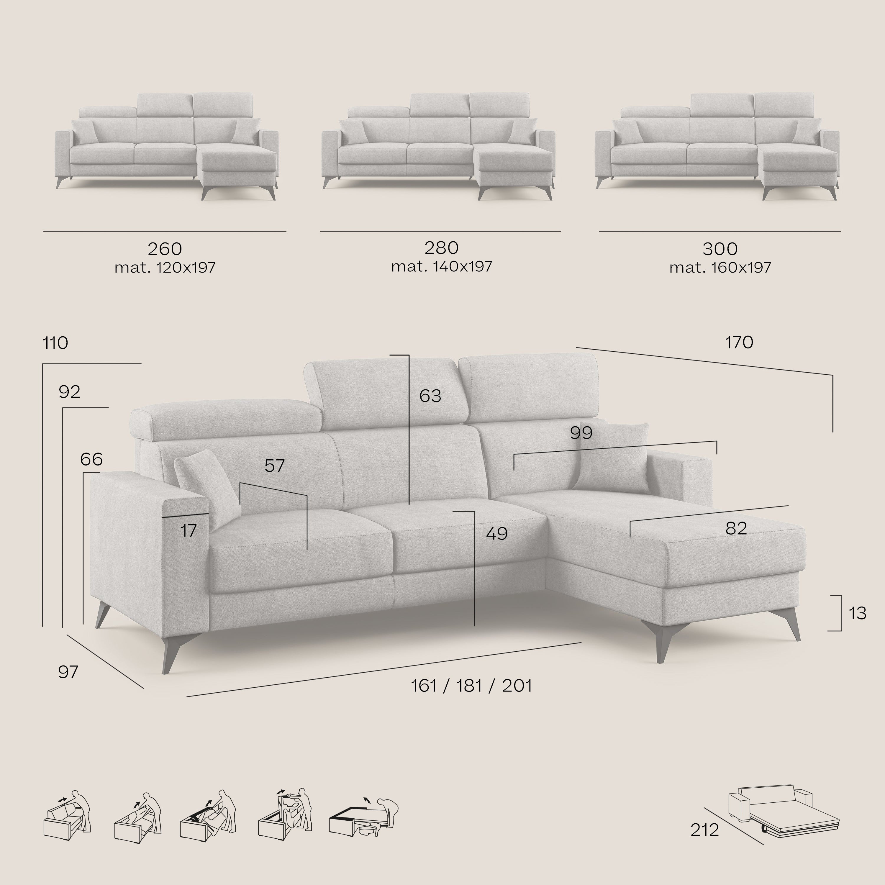 Pegaso divano letto angolare con poggiatesta reclinabili e rivestimento impermeabile T02 grigio - divani.store