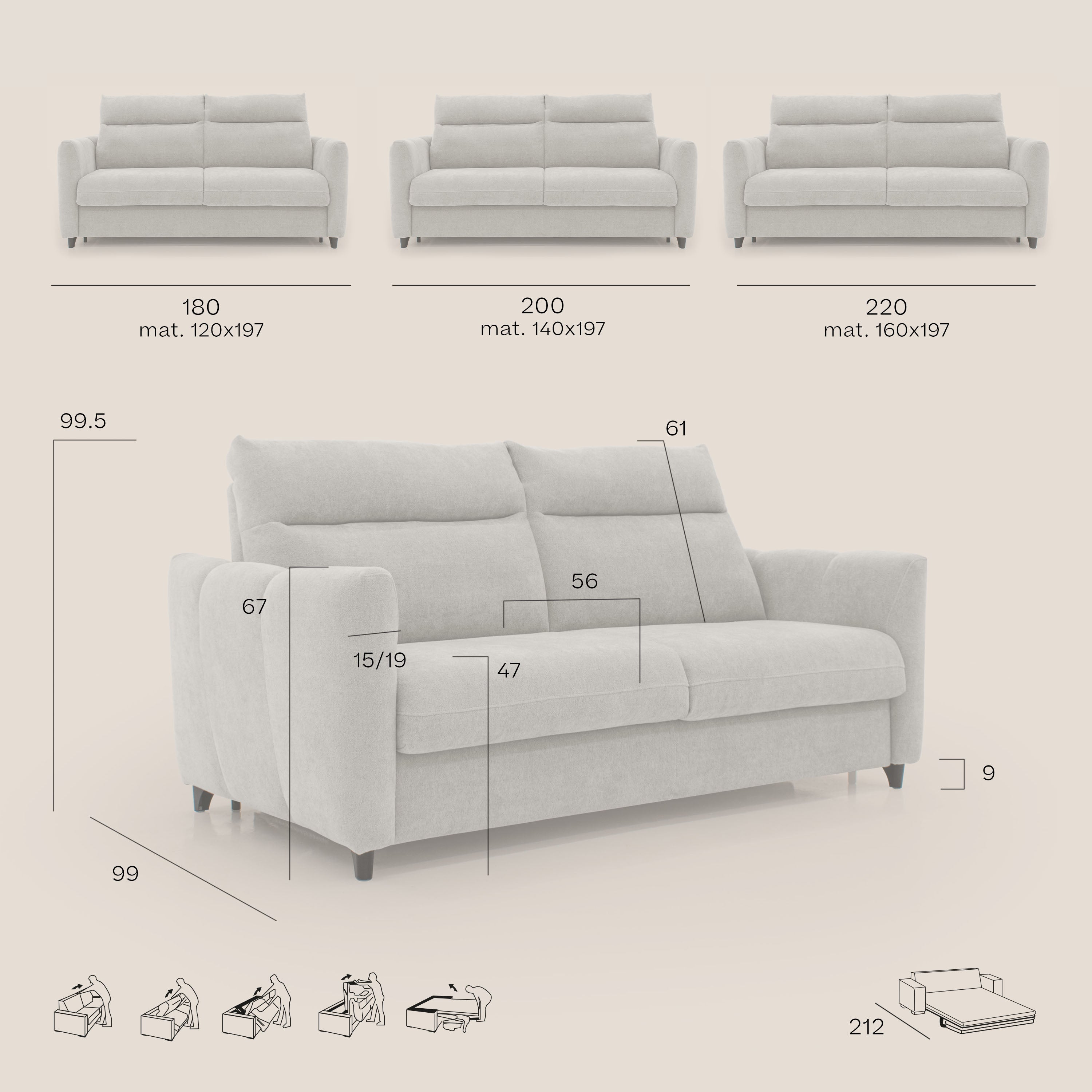 Peonia divano letto scandinavo con materasso H18 cm e morbido e alto schienale in tessuto Bouclé impermeabile T07 beige - divani.store