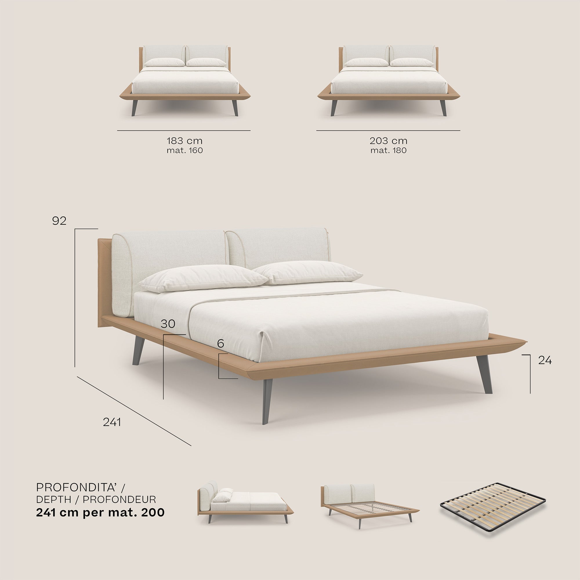 Petra letto di design bicolore con cuscini in piuma, piedini in mogano e tessuto impermeabile verde - divani.store