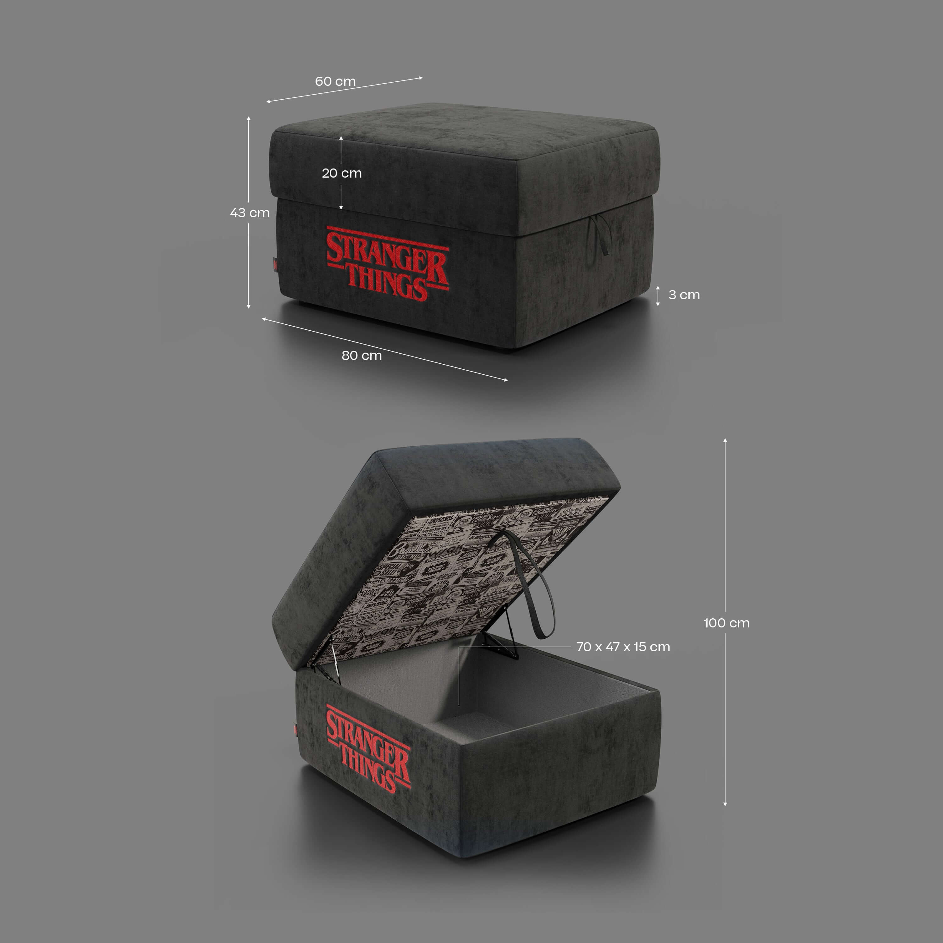 Due viste del pouf Sun Contenitore Stranger Things Edition di Divani.Store in tessuto antracite: chiuso (80x60x43 cm) e aperto (interno 70x47x15 cm), con logo Stranger Things rosso e fodera grafica.