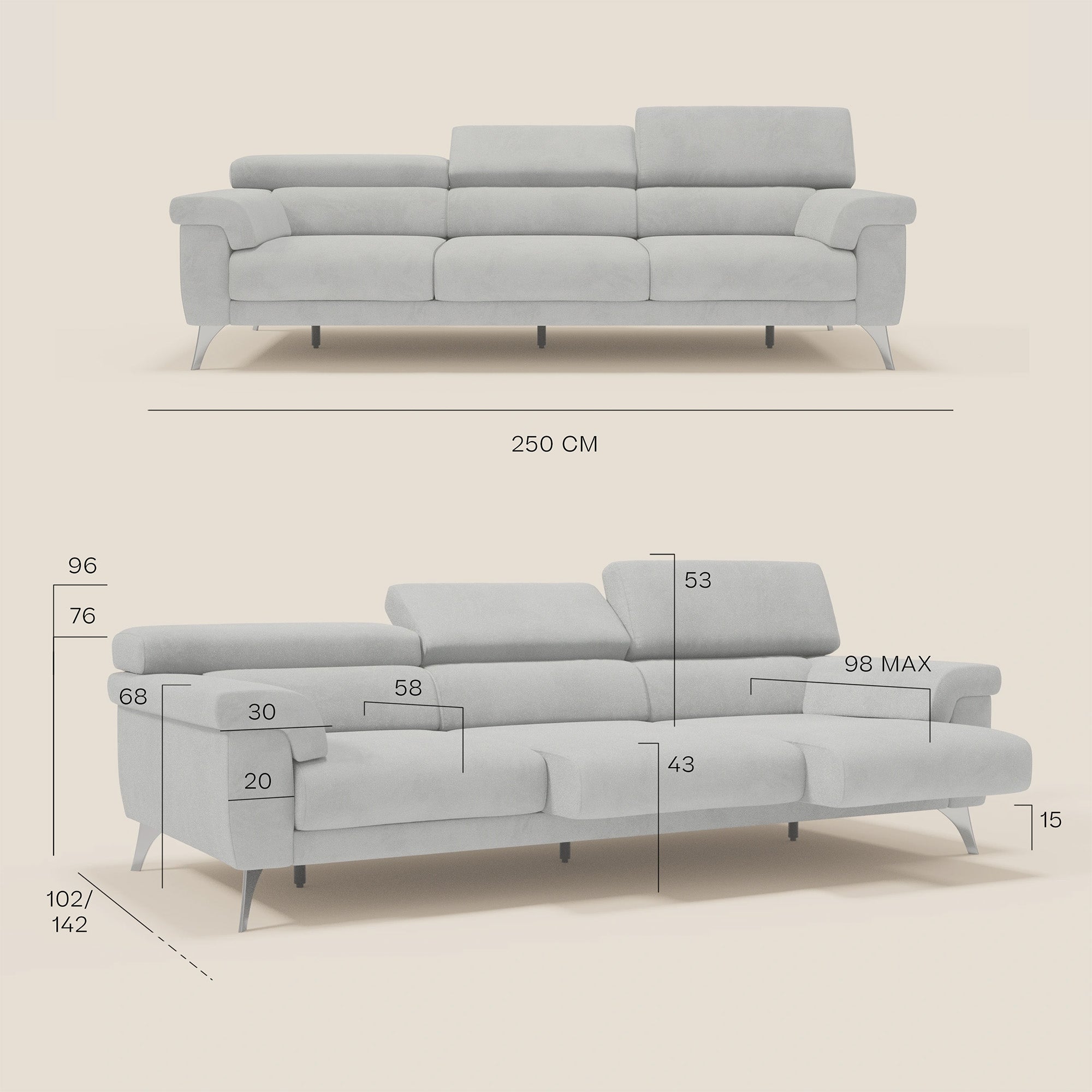Raffaello Canapé avec 3 assises coulissantes et têtières inclinables en microfibre détachable T11