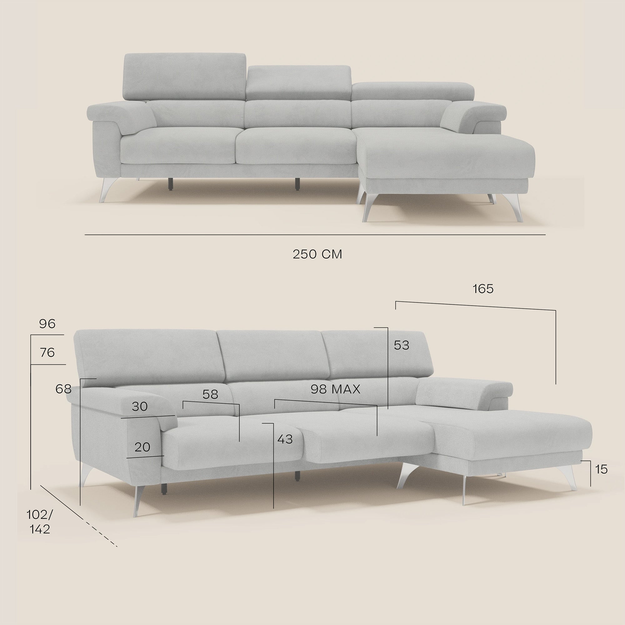 Raffaello Canapé d'angle avec assises coulissantes et têtières en microfibre détachable T11 gris