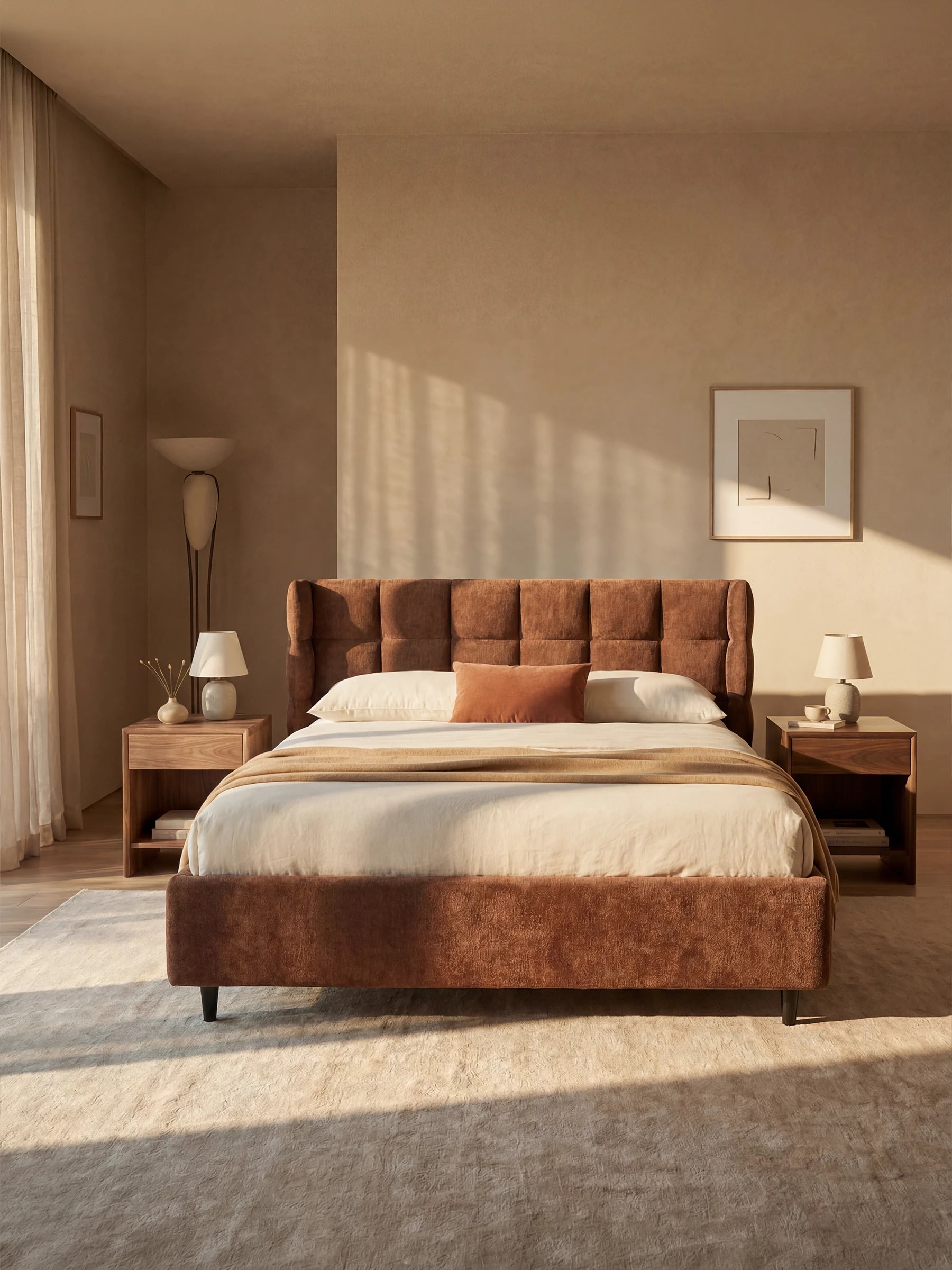 Una camera da letto moderna arredata con il letto imbottito RAGNAR con contenitore e testiera capitonné avvolgente di Letti.Il letto è rivestito con un elegante tessuto certificato Oeko-Tex® color marrone, abbinato a biancheria da letto beige, due comodini in legno con lampade, quadri appesi alle pareti, una lampada da terra e una luce soffusa che filtra attraverso tende trasparenti, creando un’atmosfera calda dai toni neutri.