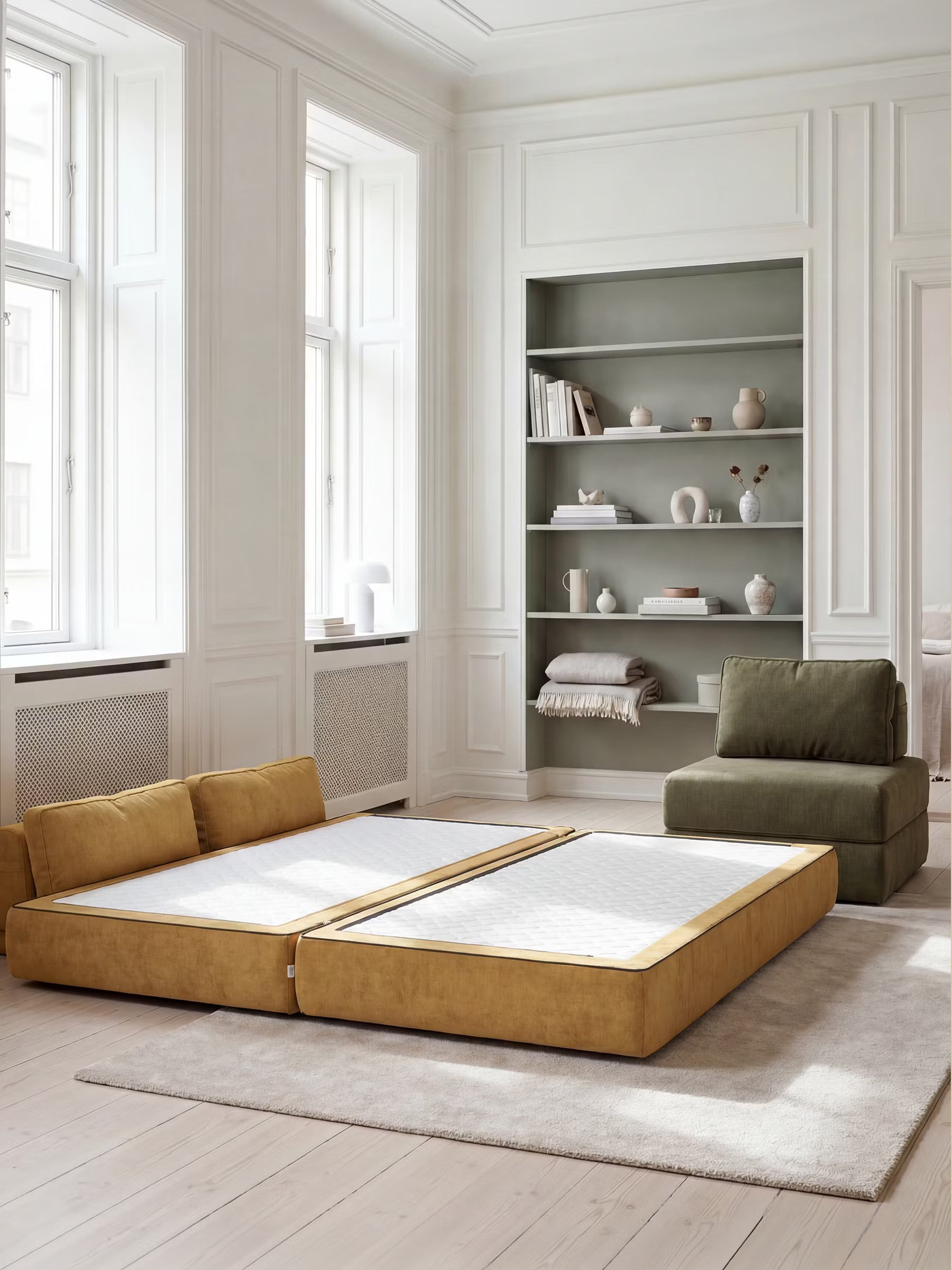 Rift divano letto matrimoniale 2 posti e 3 posti con schienali mobili - materasso alto 24 cm e memory foam in tessuto smacchiabile T31