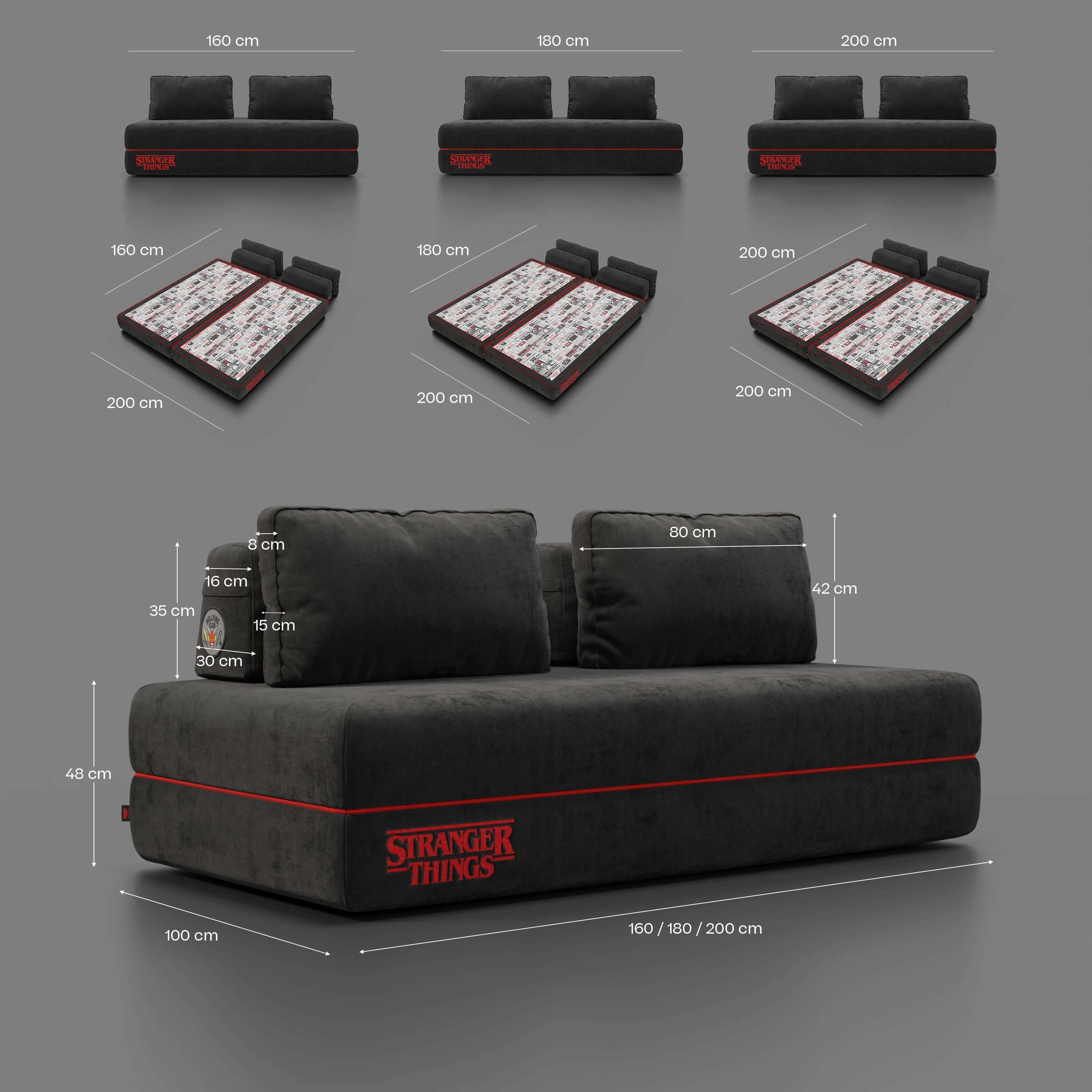 Rift Canapé-lit double Édition STRANGER THINGS 2 places et 3 places avec dossiers amovibles - matelas de 22 cm d'épaisseur en mousse à mémoire de forme en tissu détachable Anthracite