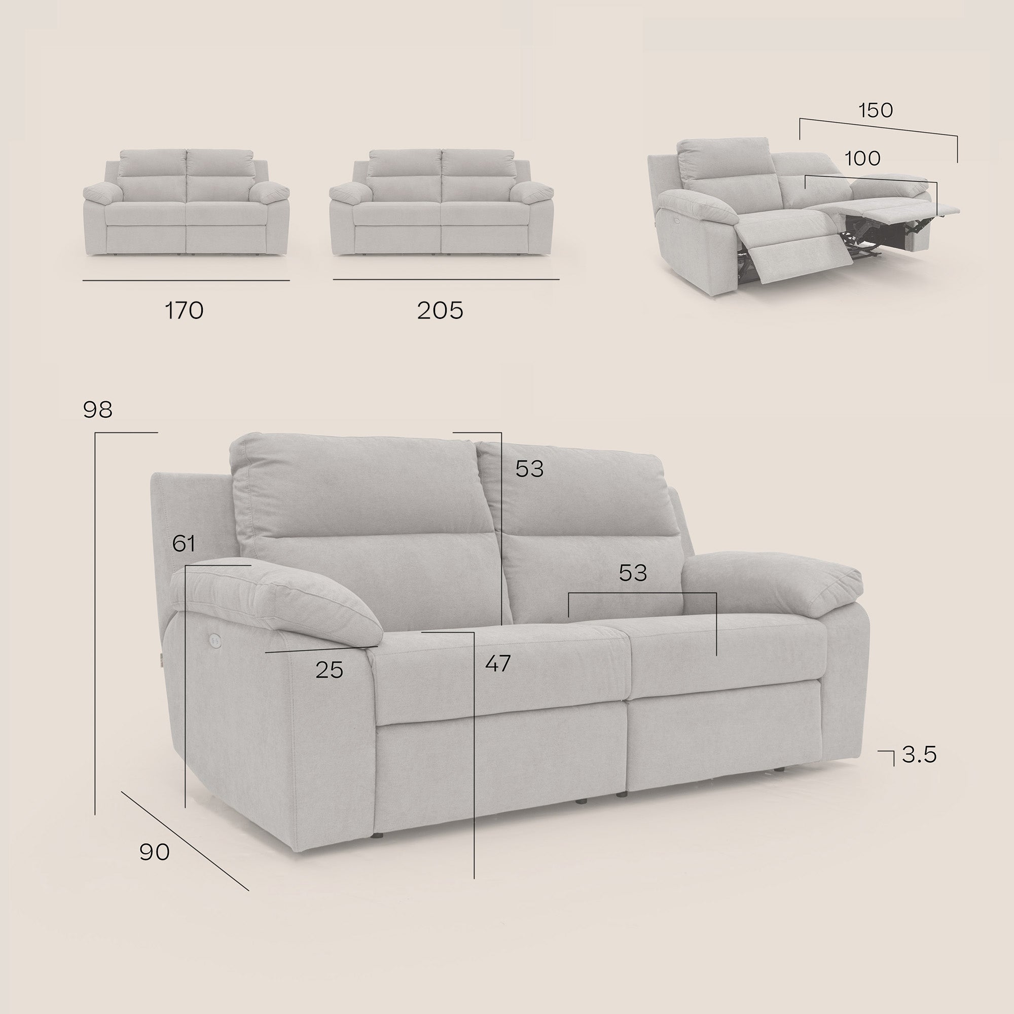 Romeo Divano relax con recliner elettrico in morbido tessuto impermeabile T02 panna - divani.store