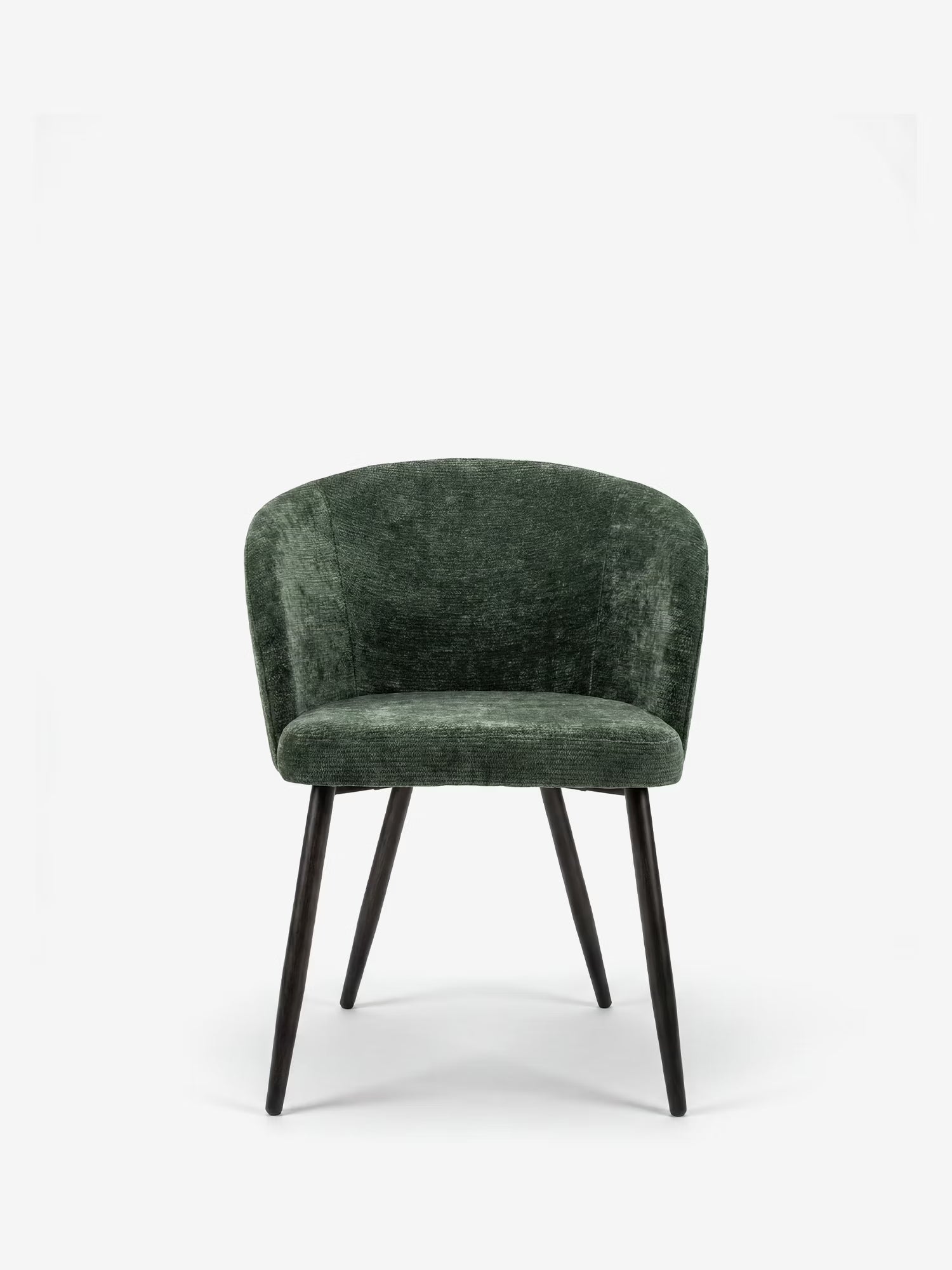 La Rovo Sedia di Divani.Store è una sedia contemporanea con braccioli, schienale curvo e imbottitura in ciniglia verde, completata da sottili gambe in metallo nero.