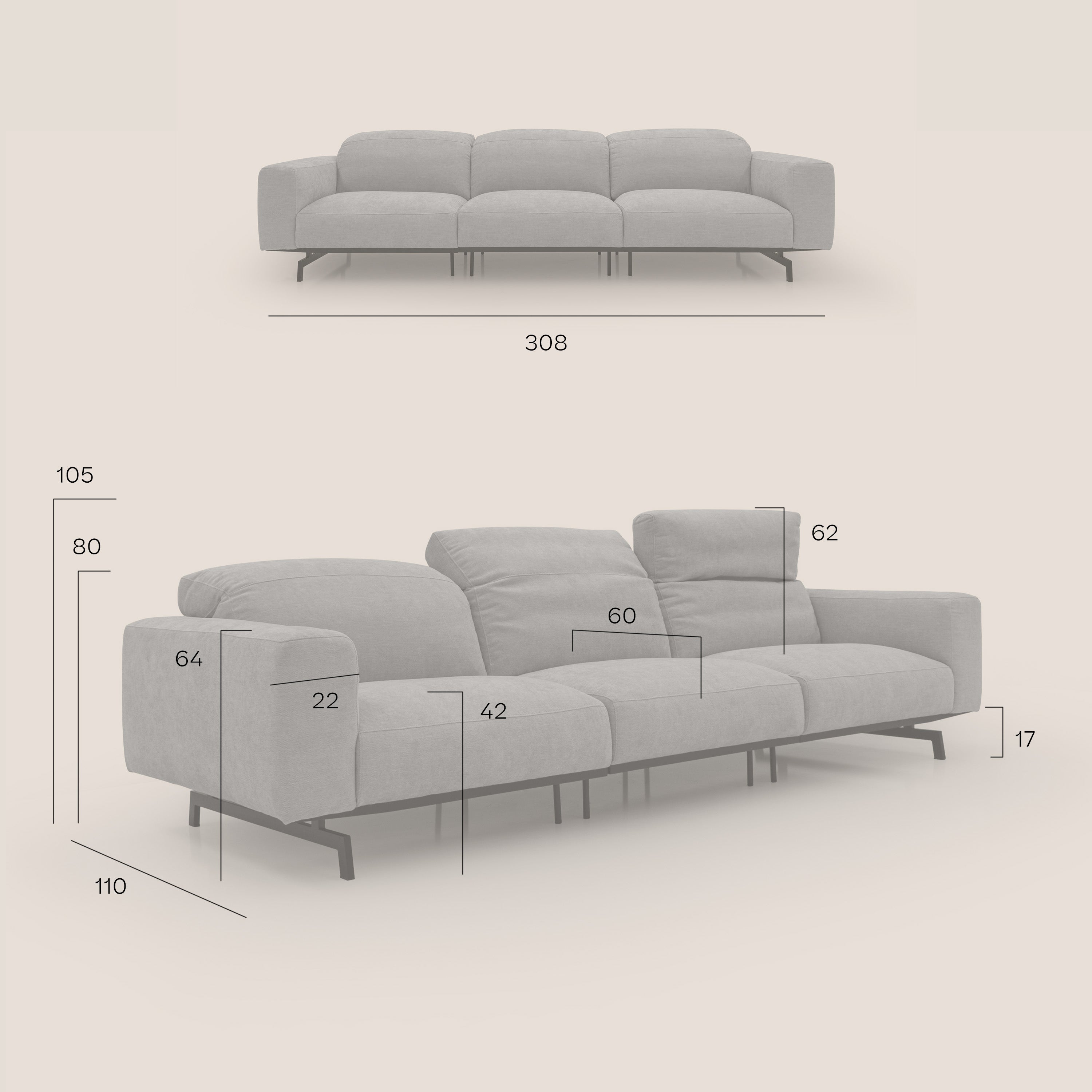 Sakura canapé modulaire 3 places en tissu flammé doux et imperméable T14 Taupe tortora