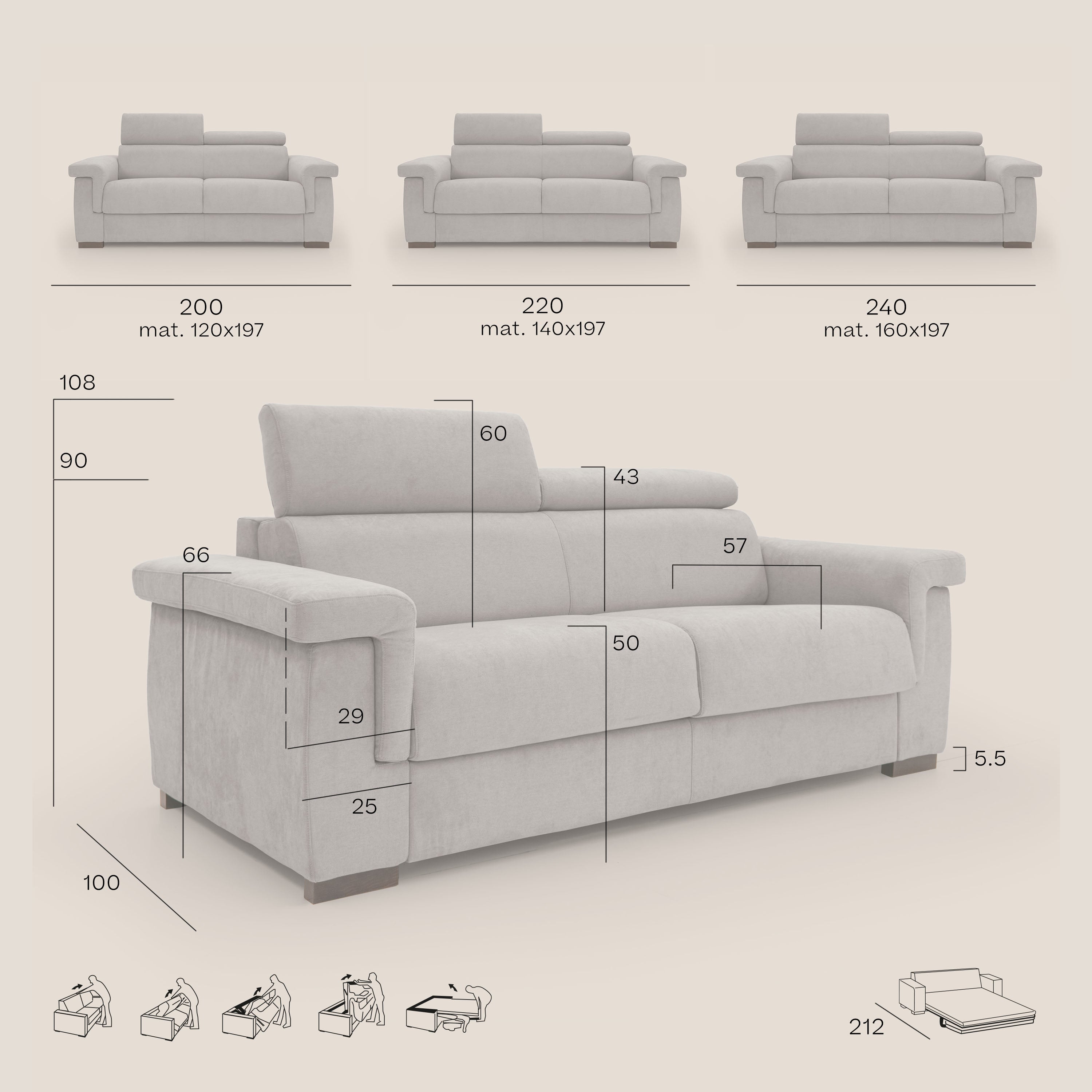 Bjorn divano letto sfoderabile con materasso H18 cm e poggiatesta reclinabili in tessuto impermeabile T02 grigio - divani.store