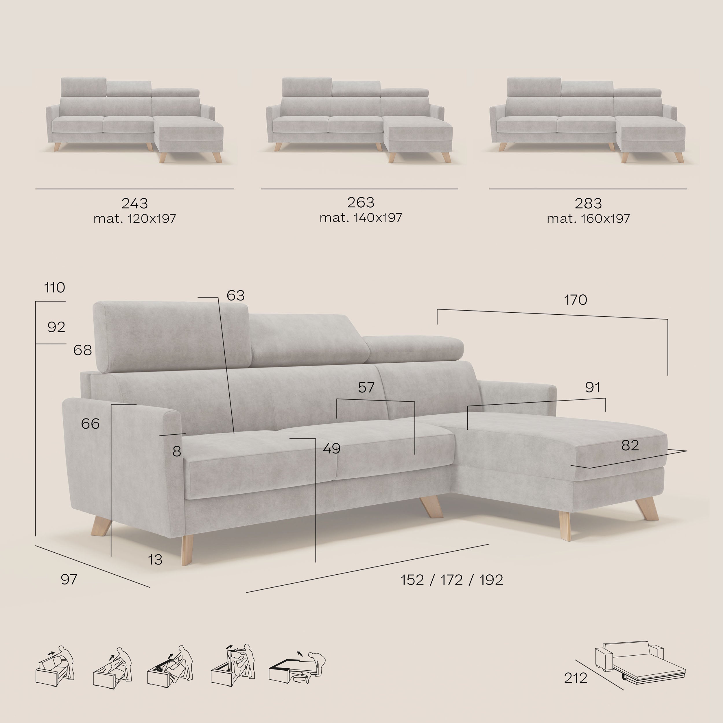 Francy  canapé d'angle convertible déhoussable - méridienne avec coffre et têtières inclinables en tissu détachable T17 anthracite
