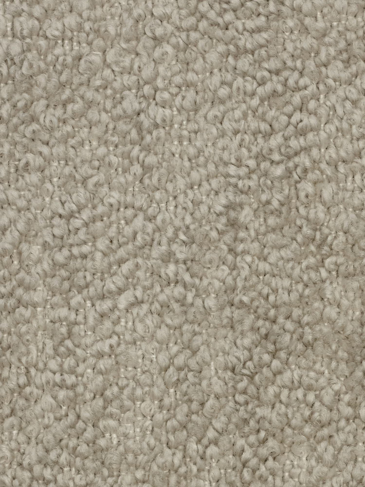 Primo piano di un tappeto beige chiaro caratterizzato da un pelo a riccioli e dalla trama ruvida. Le fibre fitte e morbide presentano sottili variazioni di tonalità che conferiscono un aspetto accogliente: un abbinamento eccellente con il divano modulare Mosaic Divano a 3 e 4 posti in bouclé: capitonné e design in tessuto smacchiabile T21 di Divani.Store. Non sono visibili macchie né motivi. L'immagine mostra in dettaglio la trama intricata del tappeto.