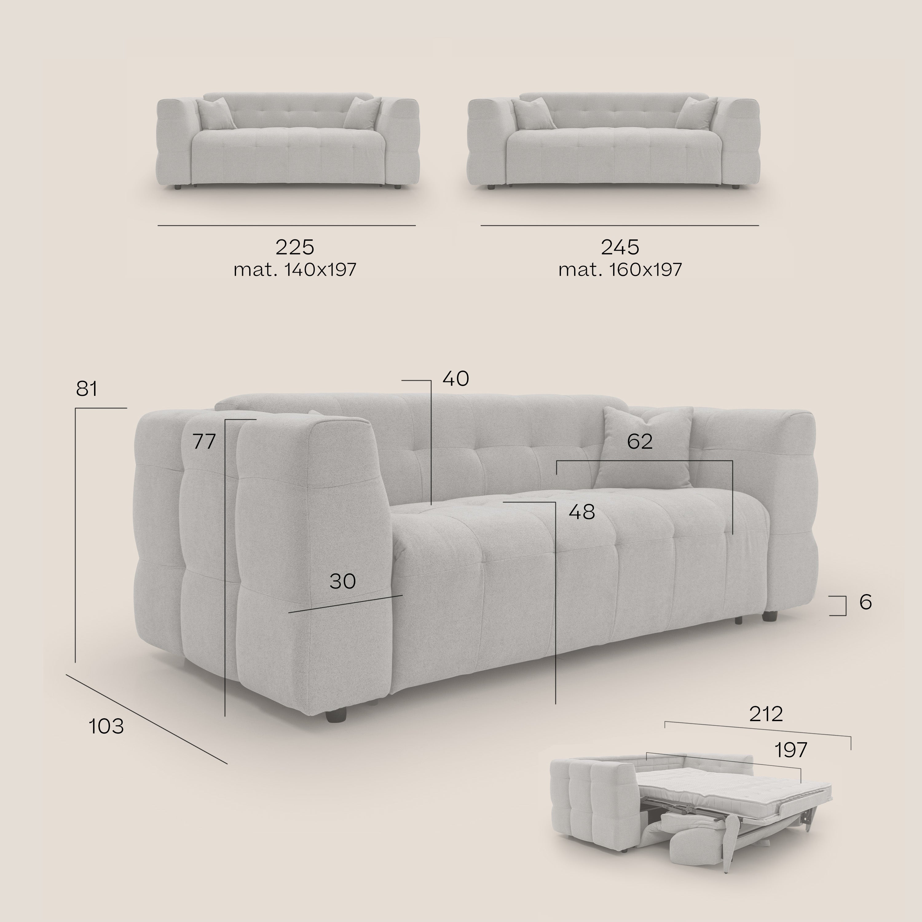 Tender Divano letto matrimoniale dal design innovativo in tessuto bouclet impermeabile T07 bianco - divani.store