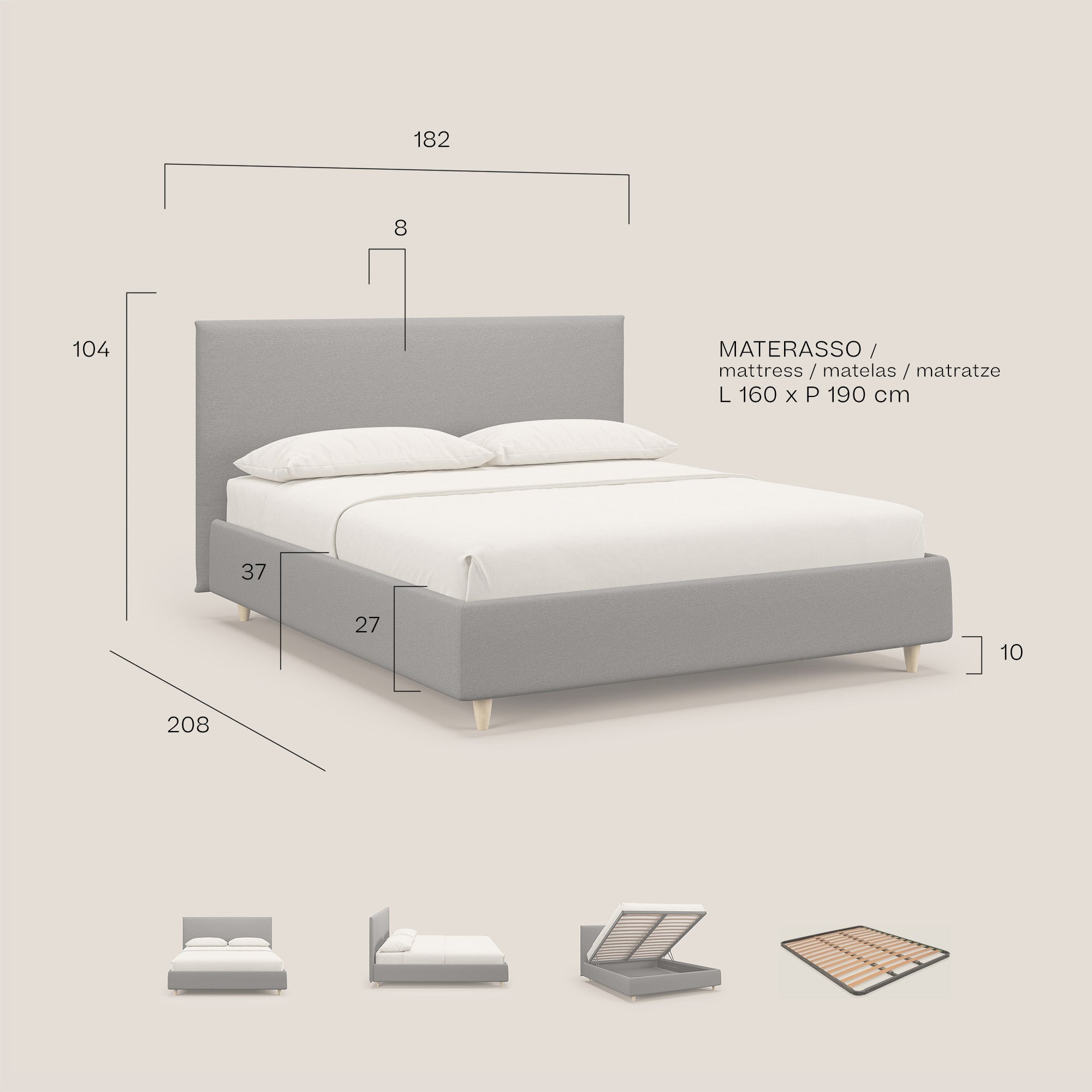 Teresa letto contenitore e sfoderabile in tessuto misto cotone impermeabile T13 panna - divani.store