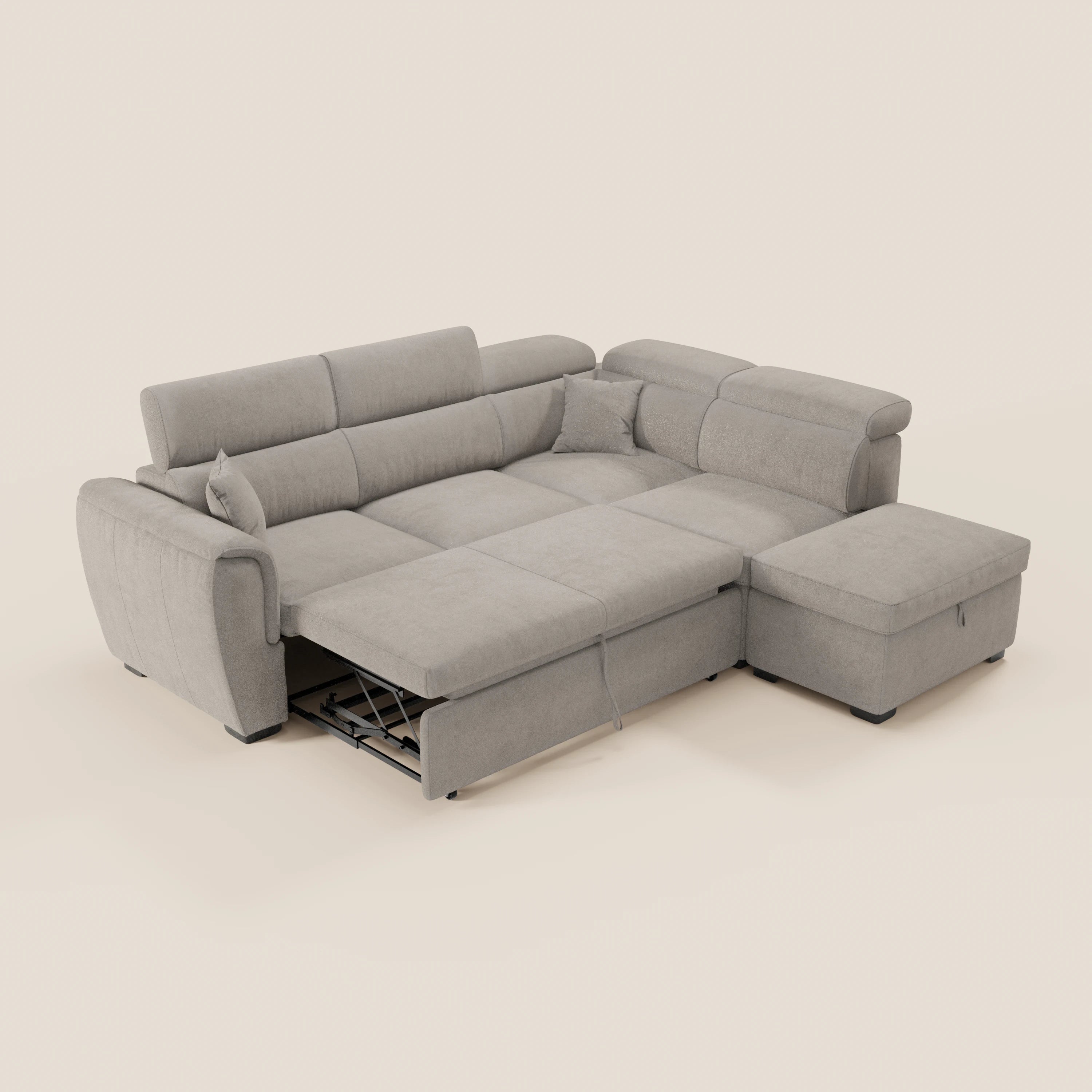 Il divano angolare reversibile Titano con letto estraibile e pouf contenitore di Divani.Store è dotato di poggiatesta reclinabili in tessuto smacchiabile Oeko-Tex® ed è disponibile in grigio, con morbidi cuscini e cuscini decorativi coordinati.