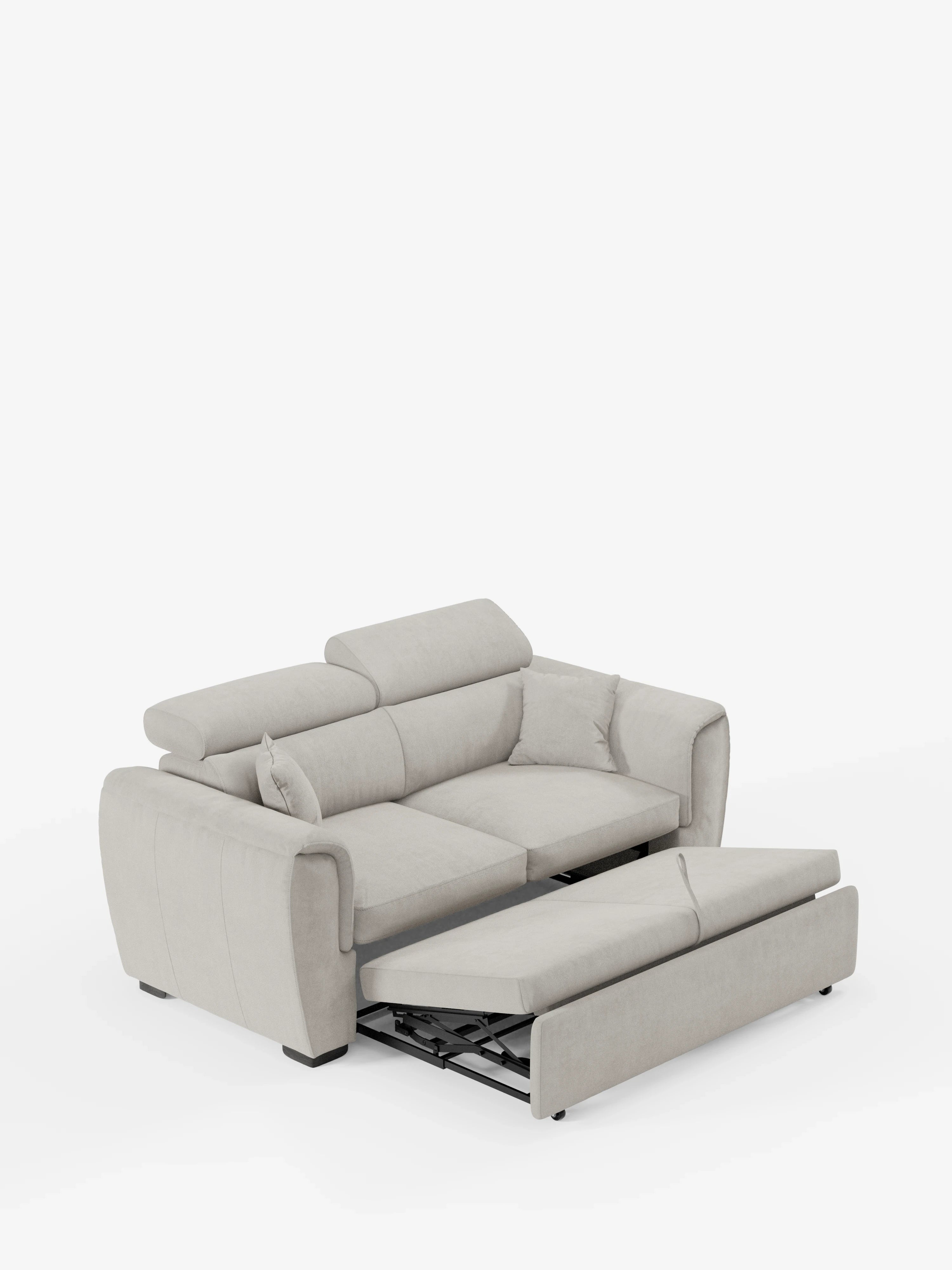 Un divano a due posti Titano grigio chiaro, estraibile, con poggiatesta reclinabili in tessuto smacchiabile Oeko-Tex® di Divani.Store, dotato di ampi braccioli. Il divano è dotato di un meccanismo di estrazione parziale che rivela una superficie di riposo imbottita su uno sfondo bianco a tinta unita.