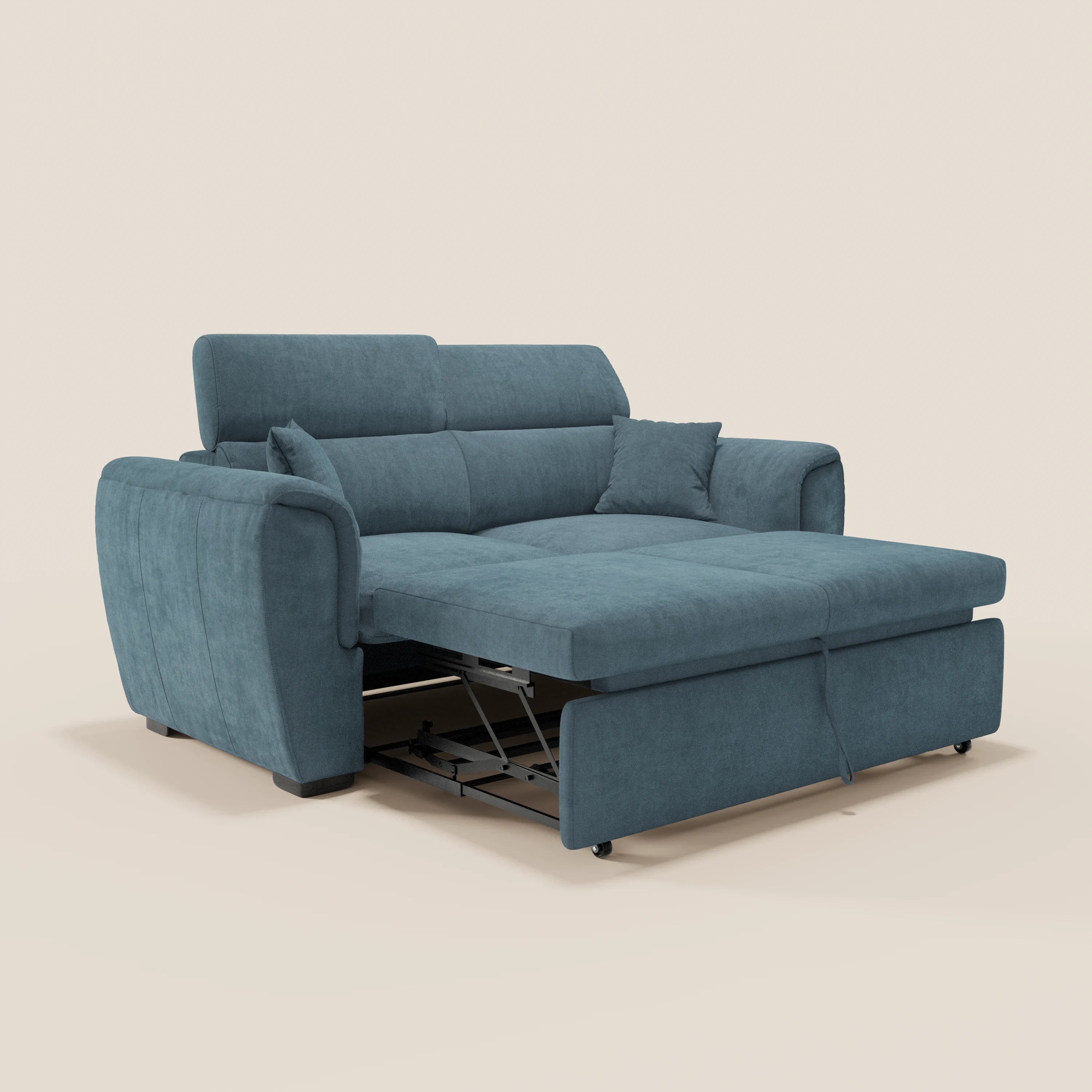 Il divano a 2 posti Titano di Divani.Store è un moderno divano blu salvaspazio con poggiatesta reclinabili, rivestito in tessuto antimacchia certificato Oeko-Tex®, dotato di chaise longue, letto estraibile con ruote a vista, morbidi cuscini, braccioli e un cuscino coordinato.